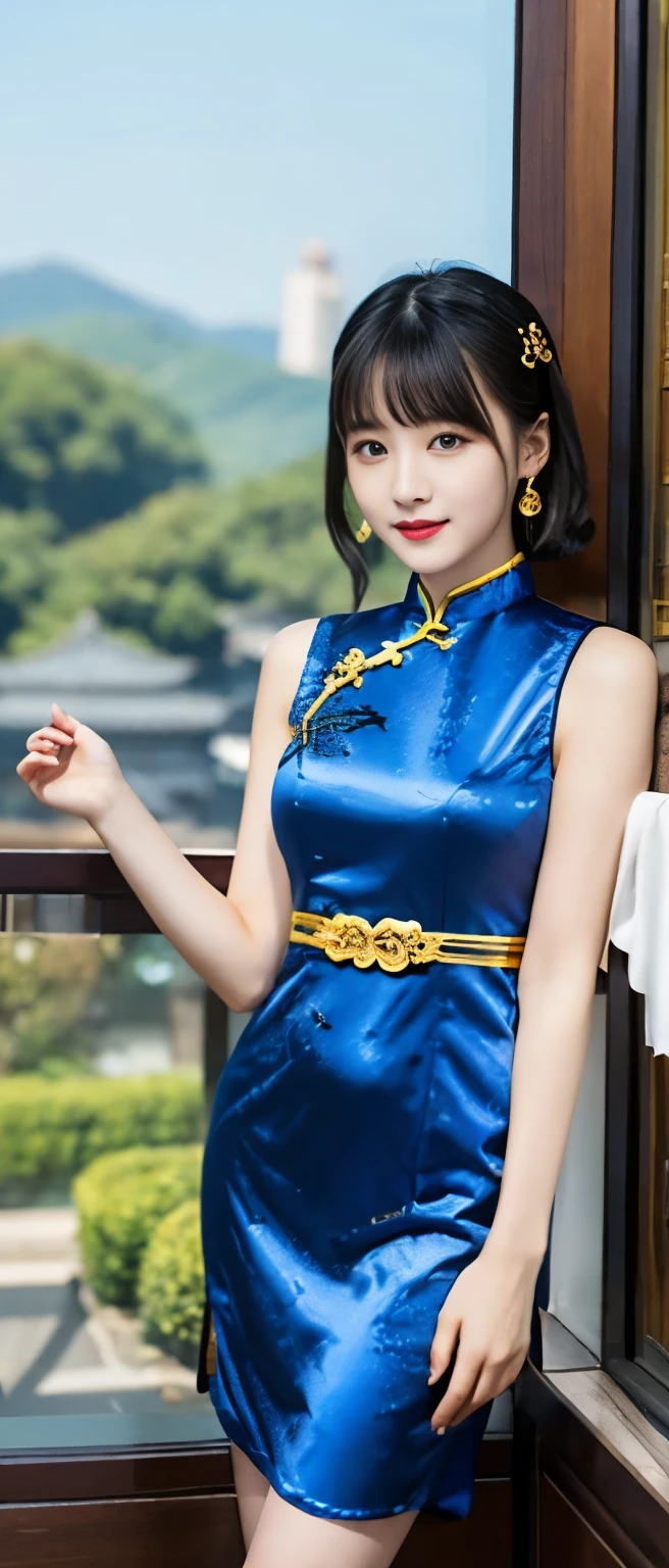 dragon china girl、whole body、good style、、、、、gold dragon mini cheongsam dress、blue lightning
