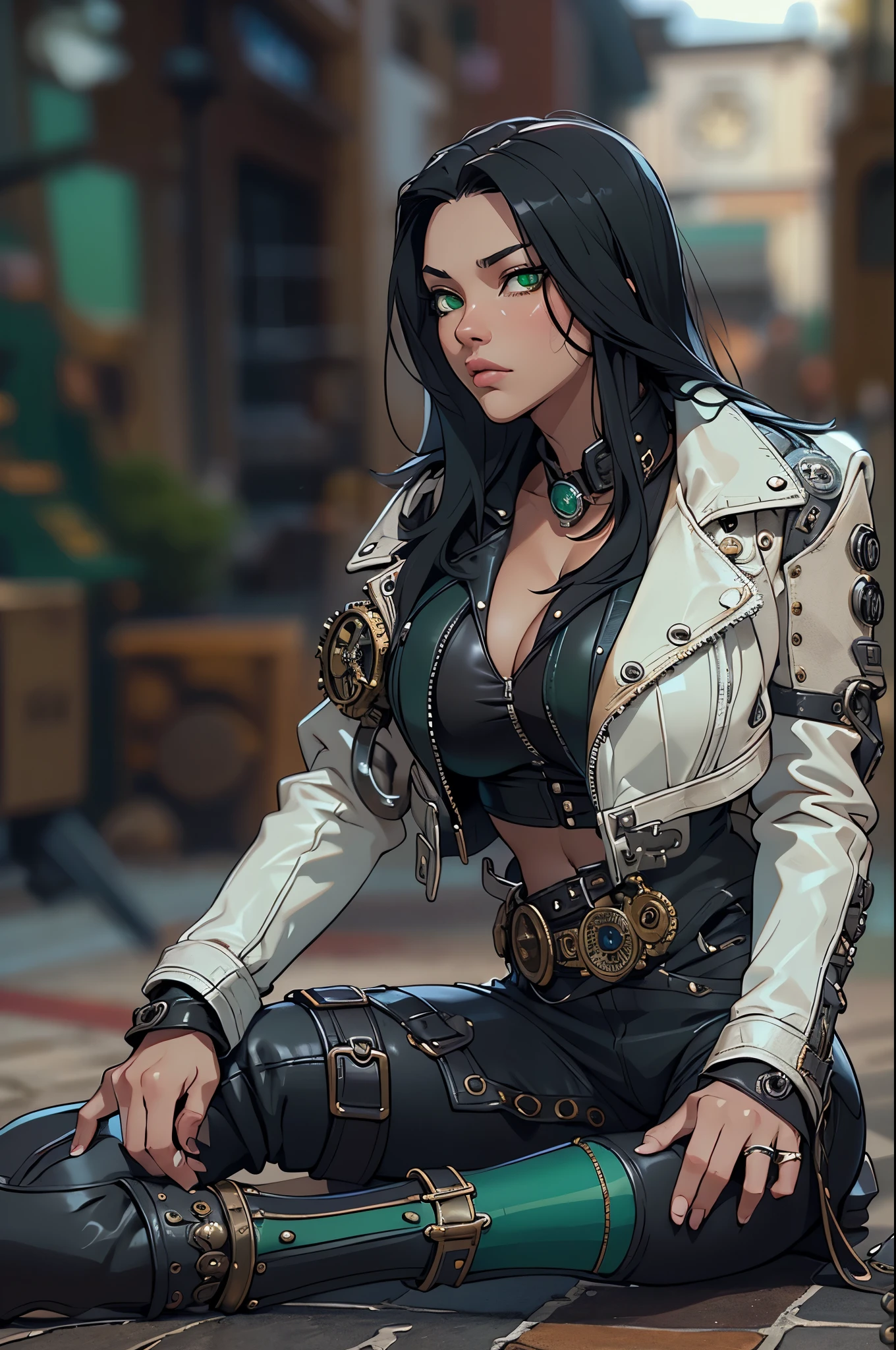 ((Need, 8K, tmasterpiece:1.3)),(realisticlying:1.4),RAW photogr,figure portrait,Very wide lens,closeup cleavage,(True skin texture:1.3),(filmgrain:1.3) Focalors:1.2, perfect figure beautiful woman:1.4, ((Long dark black bright hair, green eyes, navel, huge tit:1.2 )), ((White crop top:1.2))(short black leather jacket, black steampunk long trausers:1.4) , ((she is kneeling on the floor)), ((open steampunk street day scene, )), Highly detailed facial and skin texture, detailed
