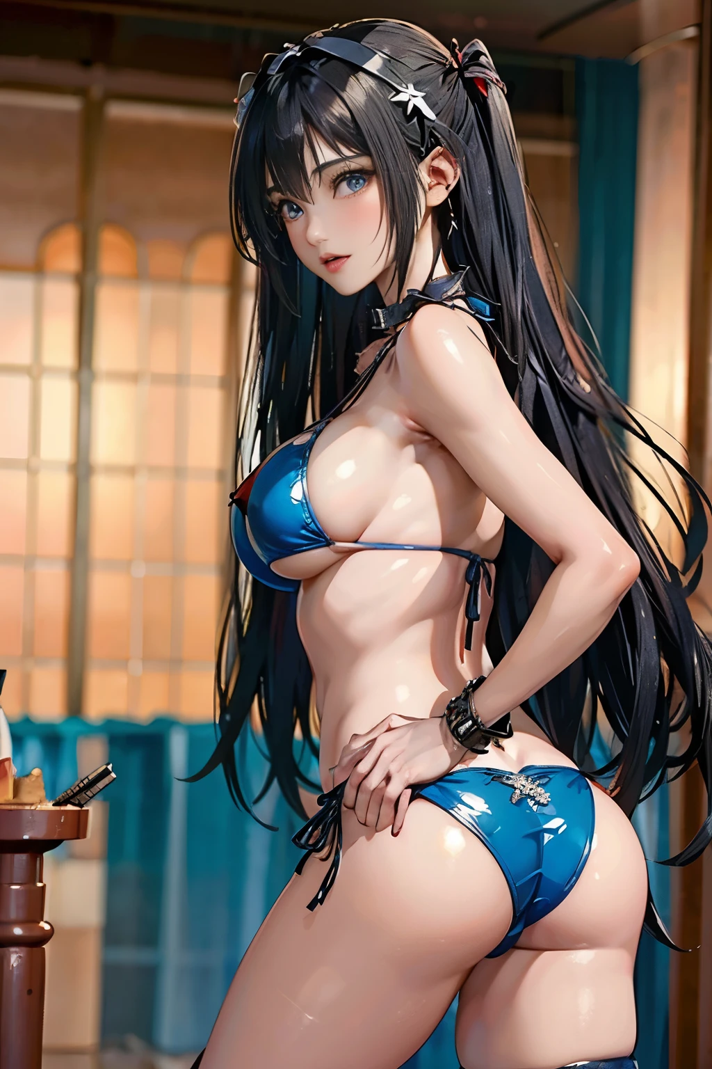 (8ก, highest quality: 1.3), very detailed, Thorough solution, (realistic, realistic photo: 1.37), portrait, High resolution RAW color photograph, arrested in the line of duty, High resolution and beautiful, High resolution, 8ก Image Wallpaper, amazing details, large file size, very detailed美しい女の子, very detailed faceexpressive lips, (Clear and beautiful big eyes:1.5), Fine skin texture., All features are clearly displayed., The contours of the fingers are also well-shaped..., the nose has the correct shape., expressive lips, perfect anatomy, background is not blurred, one story, 30 generations, pretty girl, realistic、 (from below,sealed:1.4),(face focus:1.3),perfect breasts,round chest, huge size breasts,(Looking back at the audience:1.5), perfect butt, cute face, sexy face, sexy body,( very thin body:1.6),sexy pose, blush, glamorous body, young adult, extra curly hair, long purple curly hair, oversized hair, extra curly hair, hair removal, hair accessory, earrings, meanwhile, necklace, bracelet, stockings, (sculpture pose:1.5), get down on all fours, NSFW, (open your mouth:1.3),{(hetero,bikini,pubic hair,slave collar,slave chain,dorsal view,1 boy,:1.5)