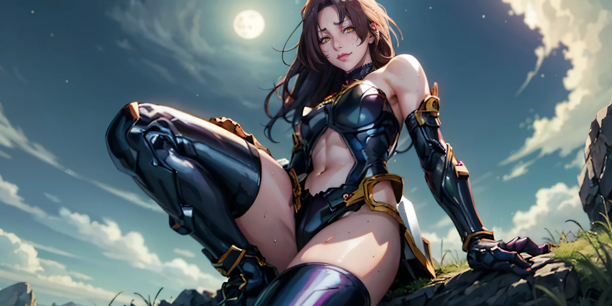 (shaded face:1.2), hollow eyes, yellow eyes, looking at viewer, heavy breathing, smirk, uppert teeth, long hair, black hair, blue eyes, breasts, 1girl, moon, abs, sky, solo, grass, red_eyes, full_moon, star_(sky), thighhighs, sitting, breasts, night, navel, looking_at_viewer, outdoors, strapless, boots, starry_sky, cloud, muscle, blush, thighs, "glow effects, godrays, Hand drawn, render, 8k, octane render, cinema 4d, blender, dark, atmospheric 4k ultra detailed, cinematic, Sharp focus, big depth of field, Masterpiece, colors, 3d octane render, 4k, concept art, trending on artstation, hyperrealistic, Vivid colors, extremely detailed CG unity 8k wallpaper, trending on CGSociety, Intricate, High Detail, dramatic", sweating, steaming body, fog, (anime coloring, anime screencap:1.5)