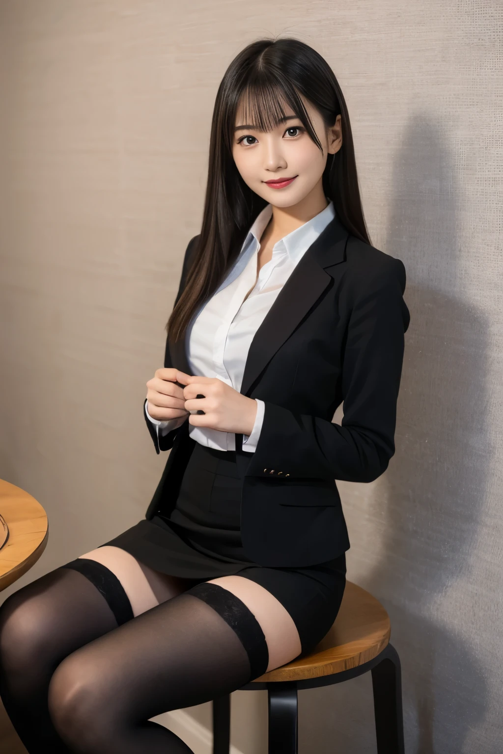 table top, highest quality, figure, super detailed, finely, High resolution, 8k wallpaper, 完璧なダイナミックな構figure, beautiful and fine eyes, business suit，natural color lip, smile、18 year old girl，Wearing black tights and stockings、plump thighs、shortcut