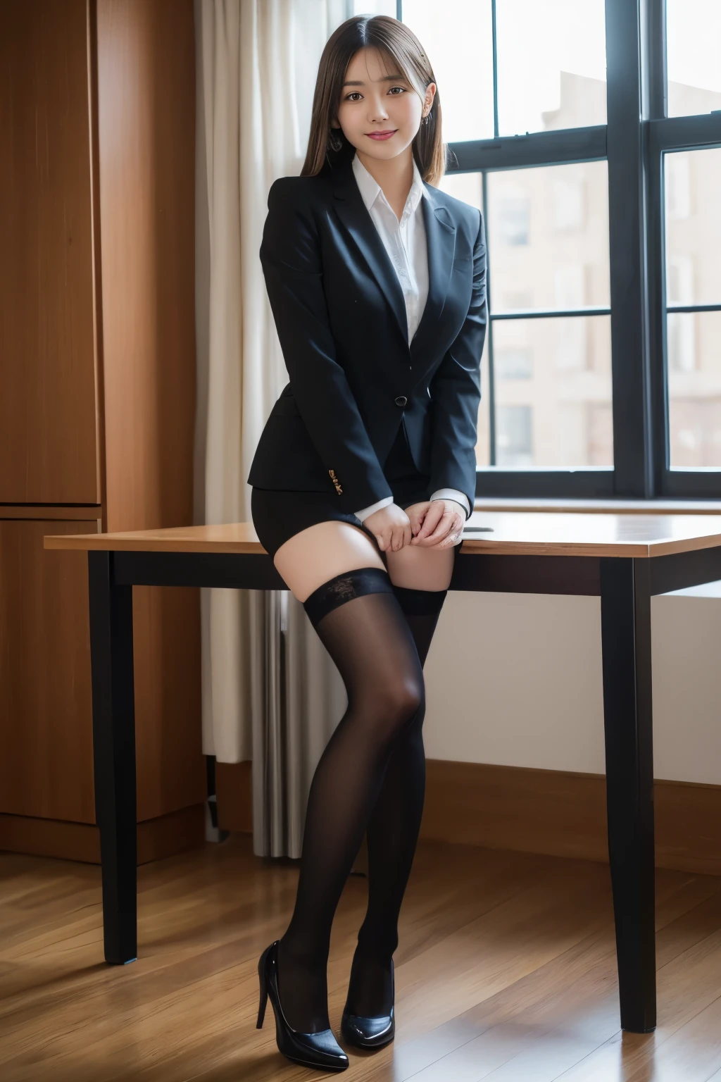table top, highest quality, figure, super detailed, finely, High resolution, 8k wallpaper, 完璧なダイナミックな構figure, beautiful and fine eyes, business suit,natural color lip, smile、18 year old girl,Wearing black tights and stockings、plump thighs、shortcut