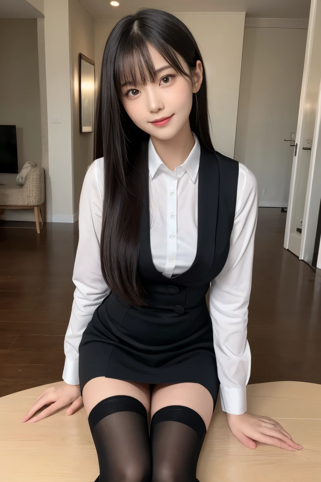 (1 Korean star with royal sister style), ((best quality, 8k, masterpiece: 1.3)), focus: 1.2, perfect body beauty: 1.4, (smile), (room: 1.3), (duck sitting: 1.3), (sitting on a sand bed), highly detailed face and skin texture, fine eyes, double eyelids, whitening skin, (big wave hairstyle: 1.3), (round face: 1.5), (JK uniform: 1.4), (black stockings: 1.3)