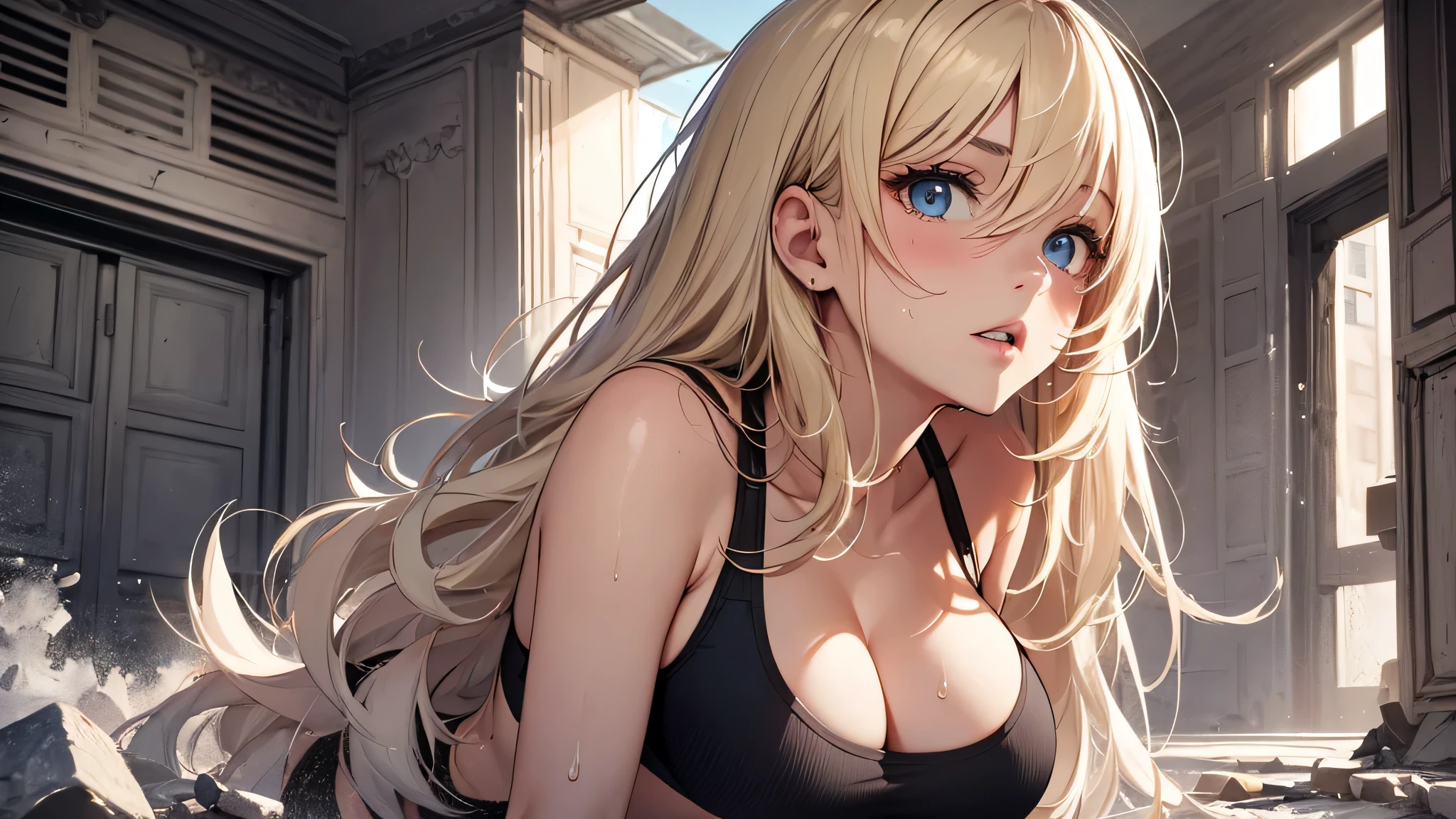 最high quality、best image quality、masterpiece、age girl((20-year-old、 By becoming、vest bust、medium bust,wide open breast tea、black eye, blonde hair、long hair、thin,highest valley、blue sports bra、Blue sports pants、Do push-ups、sweating、scattering of sweat)),high quality、beautiful art、background((black room))debris flies、Depth of written boundary、movie、visual art、perfect art、8k,genuine