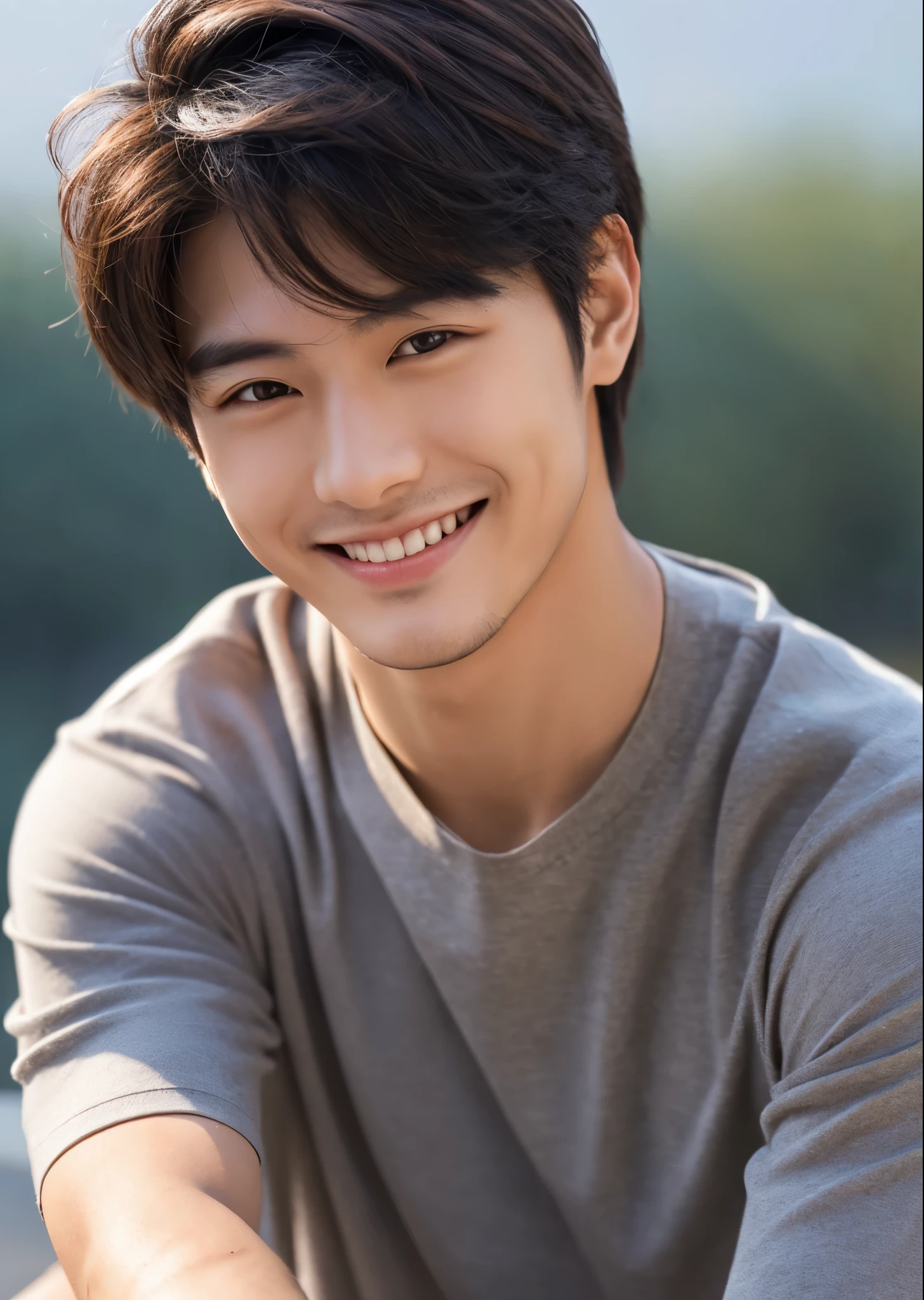 japanese men、good looking、Handsome guy、Regent Hair、casual clothes、pose like a model、muscular、smile、simple background、perfect lighting、sharp focus、High definition、high resolution、High color rendering、High resolution、Super realistic、photo realistic