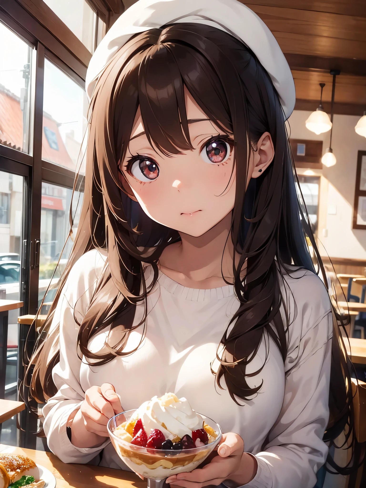 Cute girl in pajamas eating breakfast