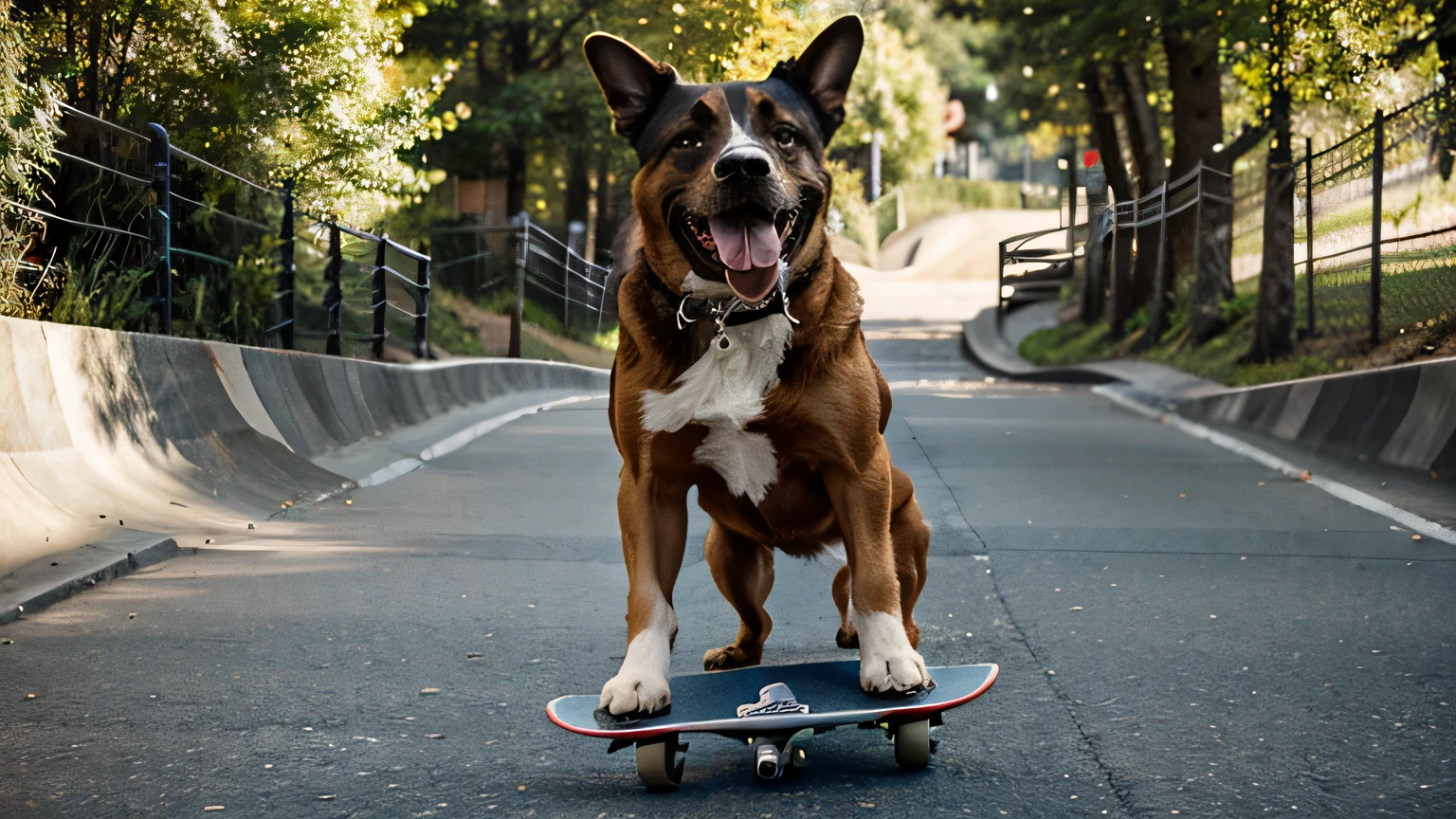 happy dog with tongue out skateboarding downhill