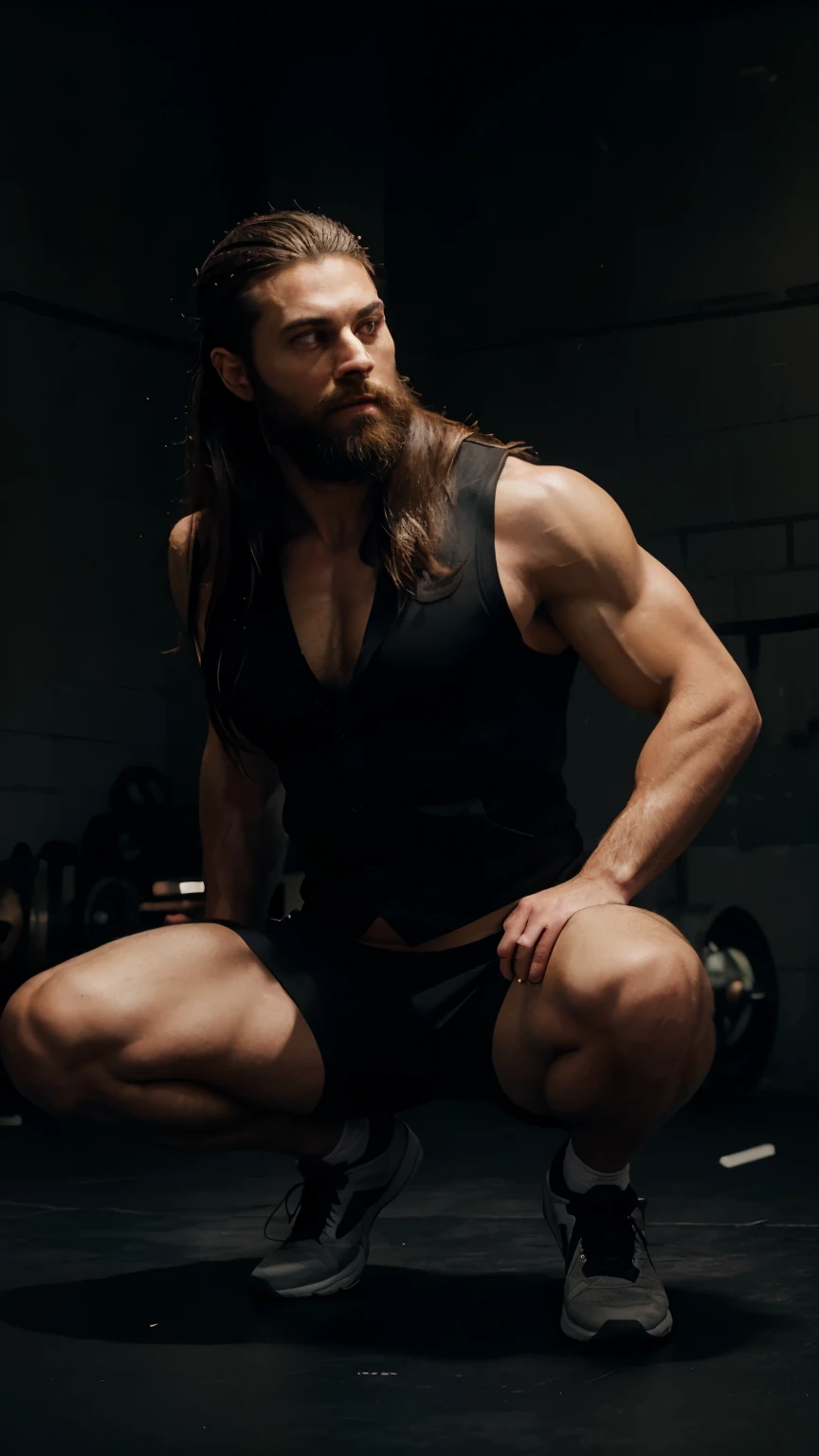 Plain black gym outfit, muscular athletic man with long hair and beard, in gym, full body view, vest, shorts, squatting, raw gym, dark cinematic lighting, luxury fashion, cinematic portrait, light flare, ultra realistic, HDR, 