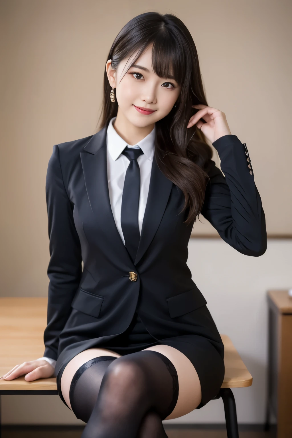 table top, highest quality, figure, super detailed, finely, High resolution, 8k wallpaper, 完璧なダイナミックな構figure, beautiful and fine eyes, business suit，natural color lip, smile、18 year old girl，Wearing black tights and stockings、plump thighs、shortcut