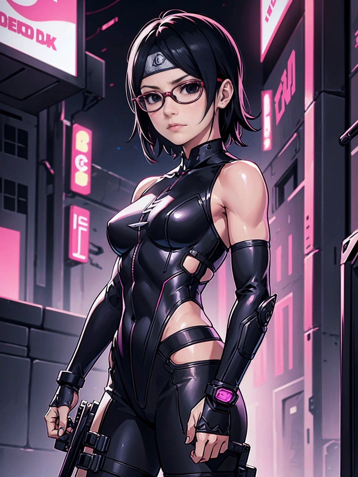 (Original, small breasts, 1girl, solo), (very detailed wallpaper) , (best quality) , (work of art) ,struggling posture, artistic dedication, very detailed illustrations, (pink lipstick) , beautiful eyes, (Delicate Face) , perfect detail, (best lighting ), (super complex details), ((Alone, Sarada Uchiha, ((black eyes)), (wearing glasses, short hair, serious facial expression), Staring, confident)), (((black armor, dark armor, F41Arm0r, Fae Armor, daedricarmor, darkness shild, cyberpunk armor))), (cyberpunk background, cyberpunk city), night, moon, city, (((muscular, fitness, hot)))