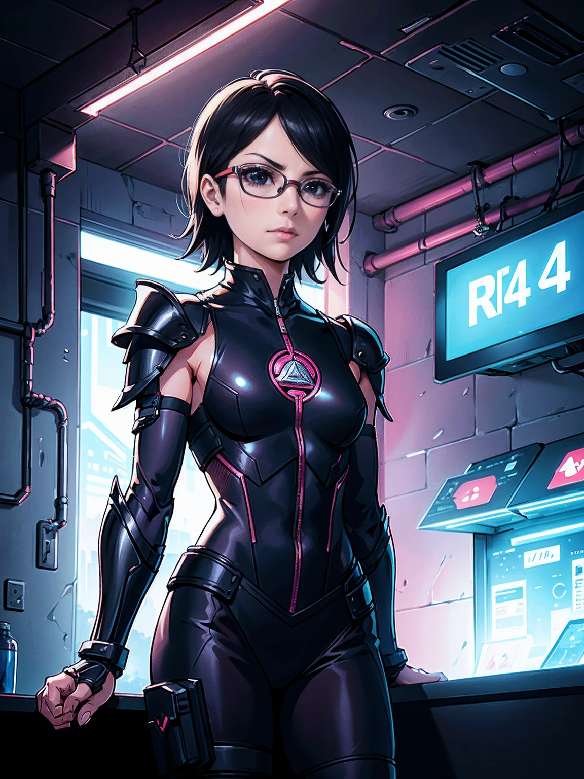 (Original, small breasts, 1girl, solo), (very detailed wallpaper) , (best quality) , (work of art) ,struggling posture, artistic dedication, very detailed illustrations, (pink lipstick) , beautiful eyes, (Delicate Face) , perfect detail, (best lighting ), (super complex details), ((Alone, Sarada Uchiha, ((black eyes)), (wearing glasses, short hair, serious facial expression), Staring, confident)), (((black armor, dark armor, F41Arm0r, Fae Armor, daedricarmor, darkness shild, cyberpunk armor))), (cyberpunk background, cyberpunk city), night, moon, city, (((muscular, fitness, hot)))