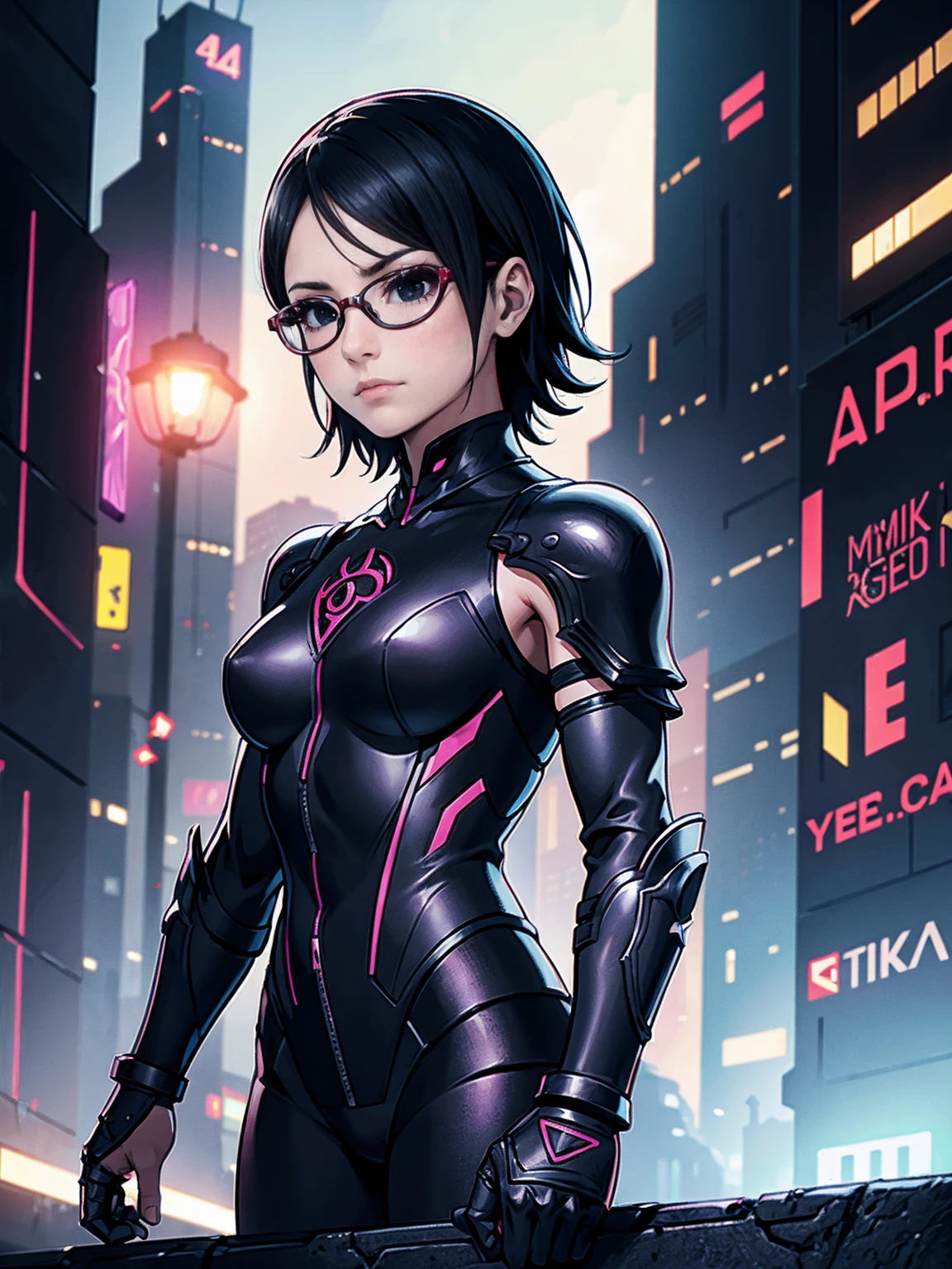 (Original, small breasts, 1girl, solo), (very detailed wallpaper) , (best quality) , (work of art) ,struggling posture, artistic dedication, very detailed illustrations, (pink lipstick) , beautiful eyes, (Delicate Face) , perfect detail, (best lighting ), (super complex details), ((Alone, Sarada Uchiha, ((black eyes)), (wearing glasses, short hair, serious facial expression), Staring, confident)), (((black armor, dark armor, F41Arm0r, Fae Armor, daedricarmor, darkness shild, cyberpunk armor))), (cyberpunk background, cyberpunk city), night, moon, city, (((muscular, fitness, hot)))