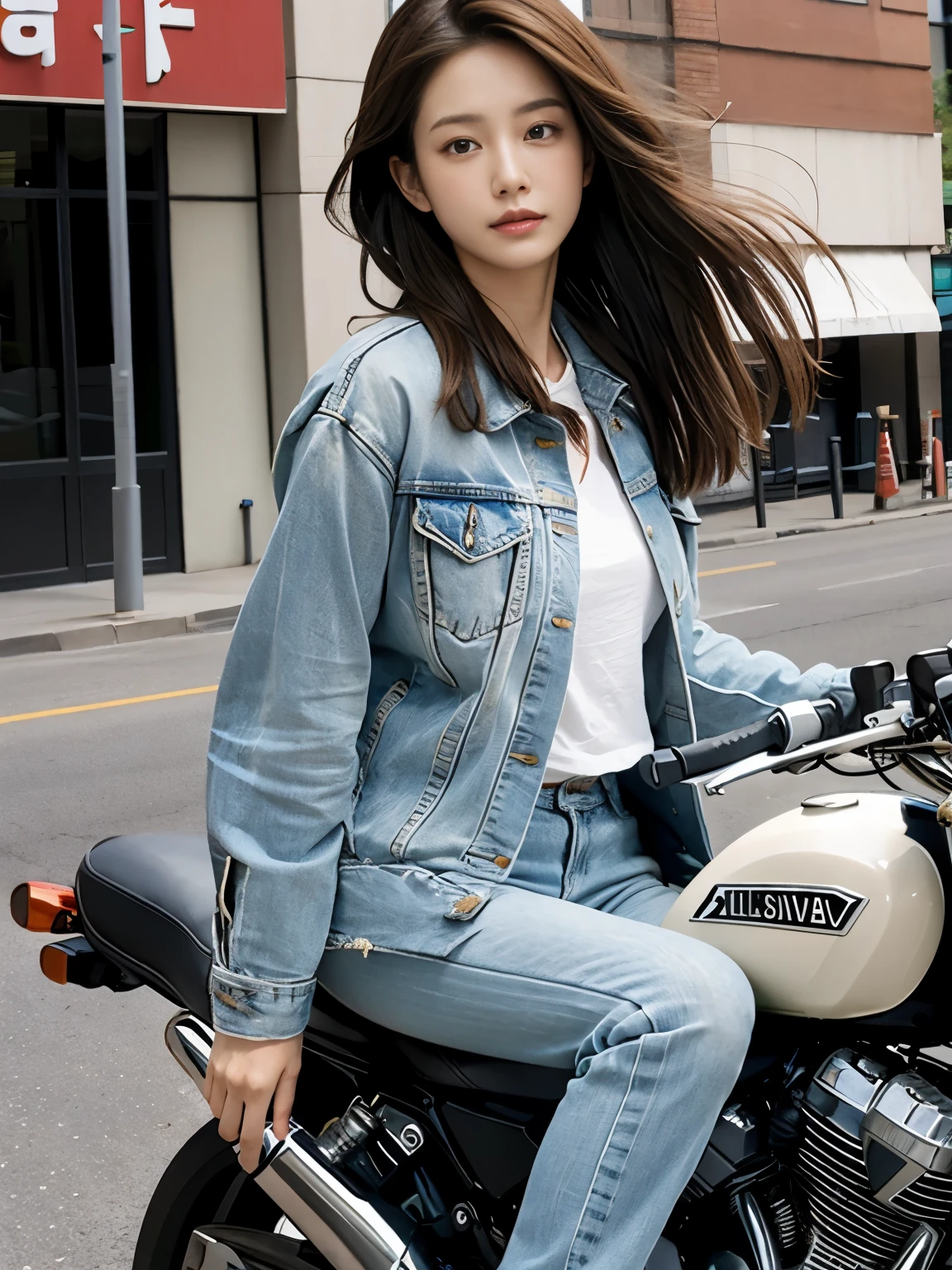 Super detailed, High resolution, (realistic, Photoreal:1.4), 8k, RAW photo, (masterpiece), (highest quality), (The details are very fine)、Physically based rendering, ((((ride a motorcycle))))、Female college student, long brown hair, South Korea,  smile、((long legs))、slender body、((silvery jacket))、long pants