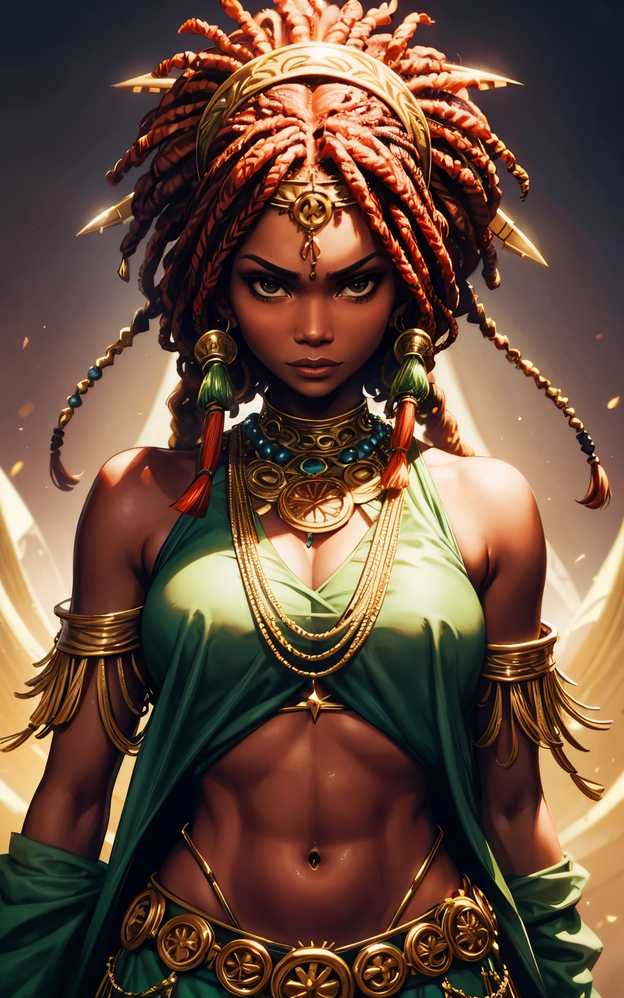 
(Zendaya:Halle Berry) dressed like a nigerian chaman, red green and yellow sleeveless tunic, (high top fade haircut and dreads) tribal tattoo in the face, (golden rings necklace), Lovecraft atmosphere, masterpiece, hyperdetailed