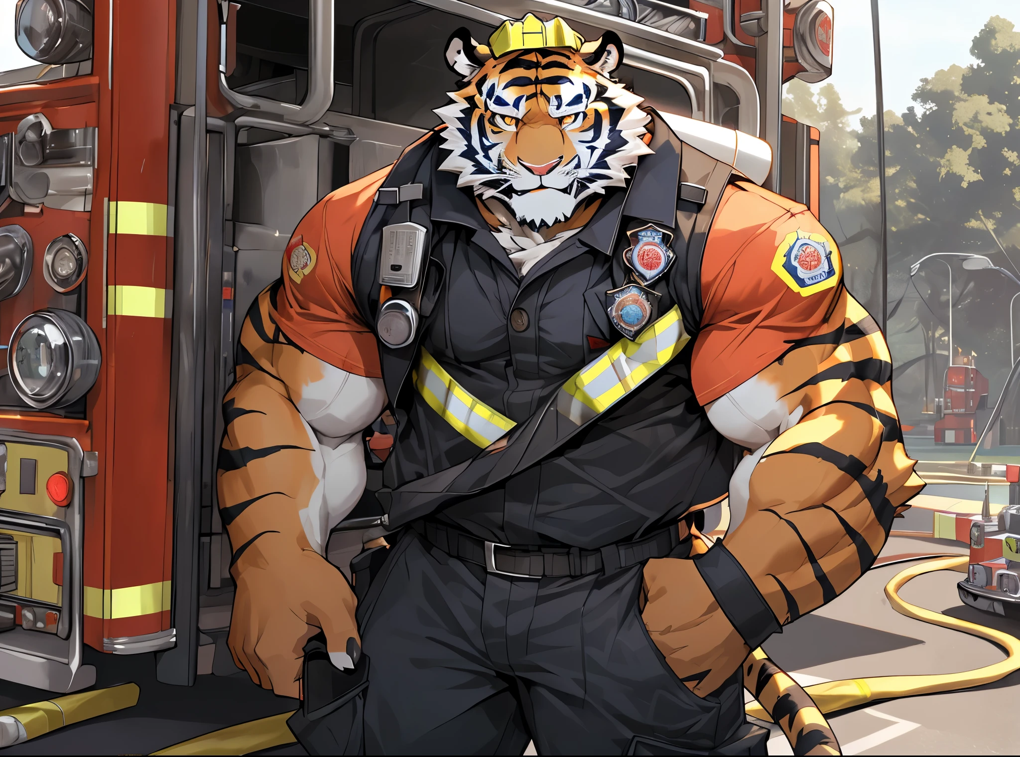 disney,anime character with tiger, tiger_beast, Firmware version, high resolution committee, ((tiger)), gigachad muscular, muscular!!, only, muscular!, anthropomorphic tiger, muscular character, Kushat Konzi, super detailed!!, muscular!!!, beefy, whole body commission, Full body details are very rich,16k,(Full body close-up:1.2),(The two eyes are not the same color,different color pupils:1.3),HD,(colored hair:1.3),(firefighter:1.5),Take Fire station,firefighter attire,firefighter top,firefighter pants,firefighter boots,firefighter helmet)