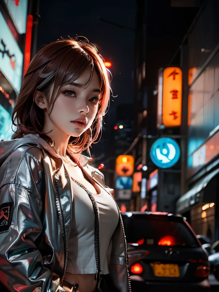 ocidental girl with red hair, silver jacket, topless, cyberpunk style, (background: neon city, high buildings), (color: tokyo neon) night time, in the style of photorealistic --v 6