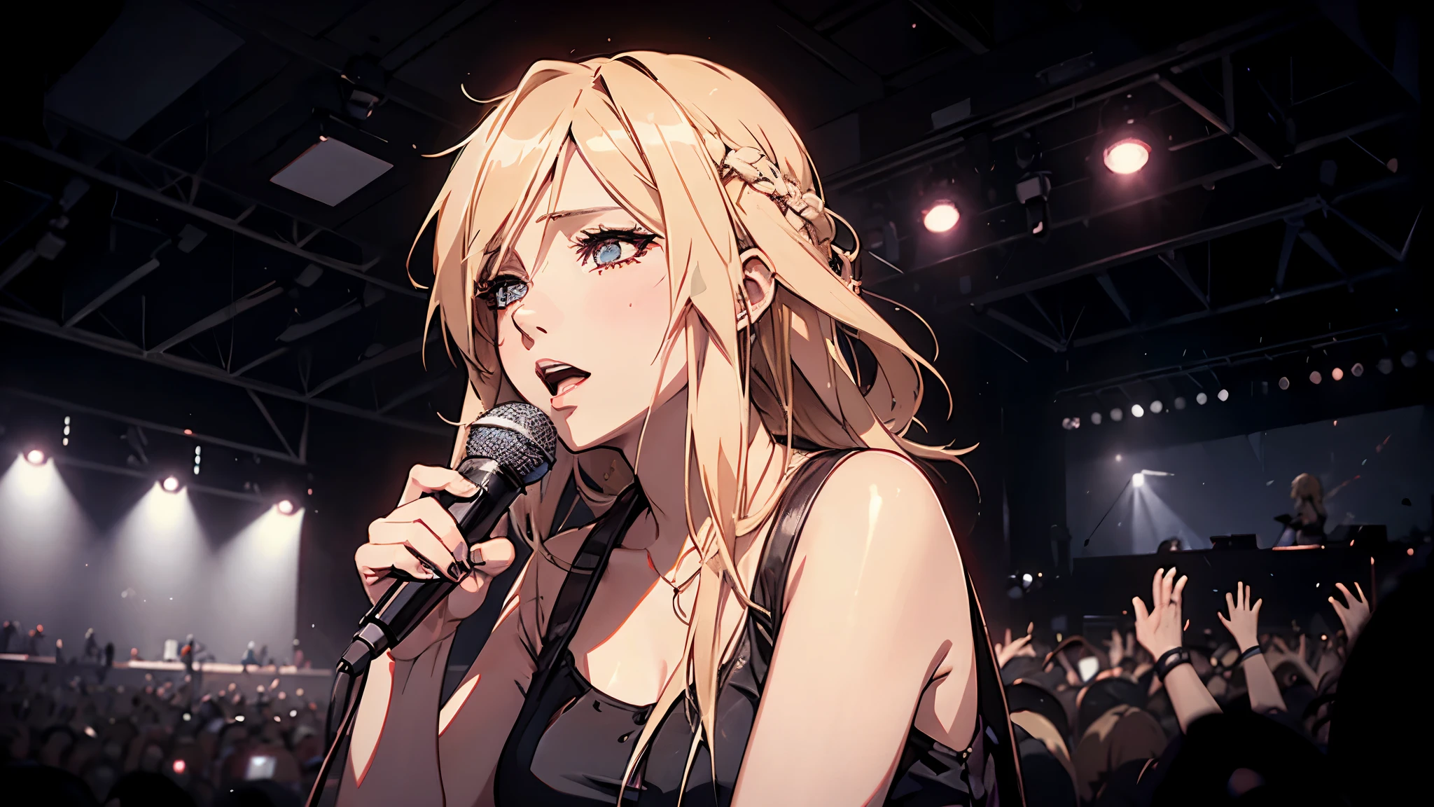 woman,blonde,vocalist.band,microphone,stage,dance,Nikon d850 film stock photo by Lee Jeffries ,beautiful anime scenery