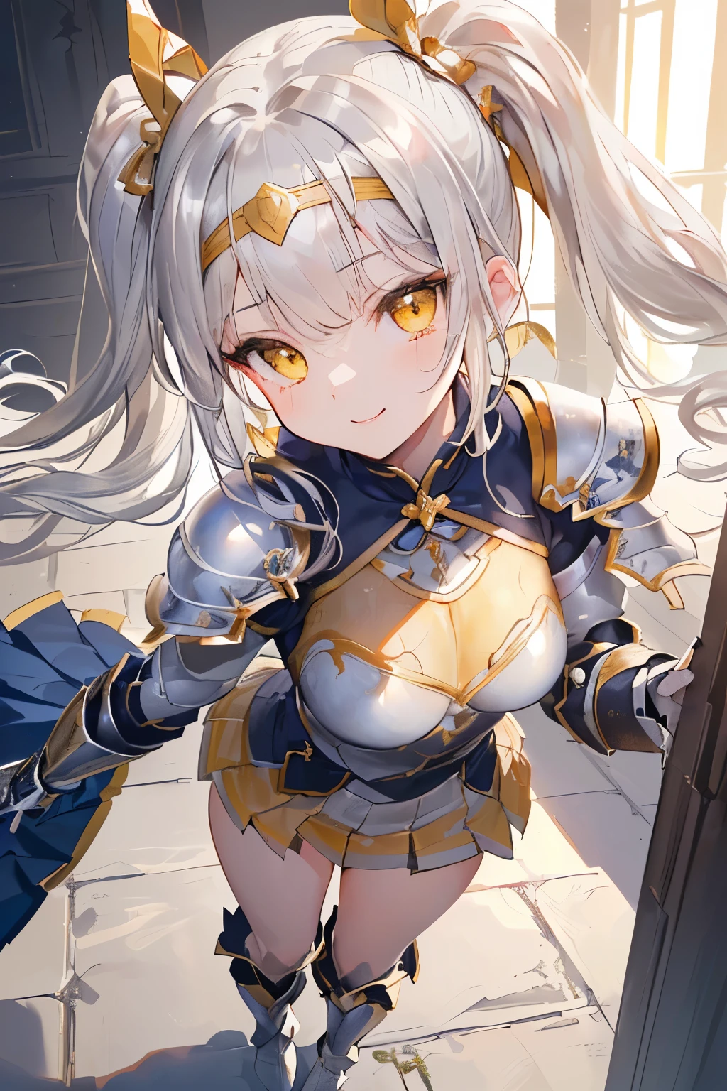 (((1girl))), ((best quality)), ((masterpiece)), ((ultra-detailed)), (illustration), (detailed light), (an extremely delicate and beautiful), (beautiful detailed eyes), (sunlight), ((extremely light)), ((extremely clothes)), (((hyper detail))),(((((front lighting))))),(((((front light))))),
((((quite adorable and armor with a pleated skirt and headband)))),
((((Master Knight)))),
,
(((high twin pig tails))), ((((white silver hair)))),
(((yellow gold eyes))),
((((whole body)))), aged 5 to 8, ((((())))), ((((very adorable young girl)))),
((condescending expression)), ((mischievous smile with sexual satisfaction)), (((extra adorable))), (((((extra slender shape))))),
(((((extremely beautiful detailed face))))),
(((bravely standing with a long-sword))), (((elegant boots))),
(Dutch angle), (((elegant gloves))), ((transparent magical underskirt)), ((a little bit exposed adorable magical panties))