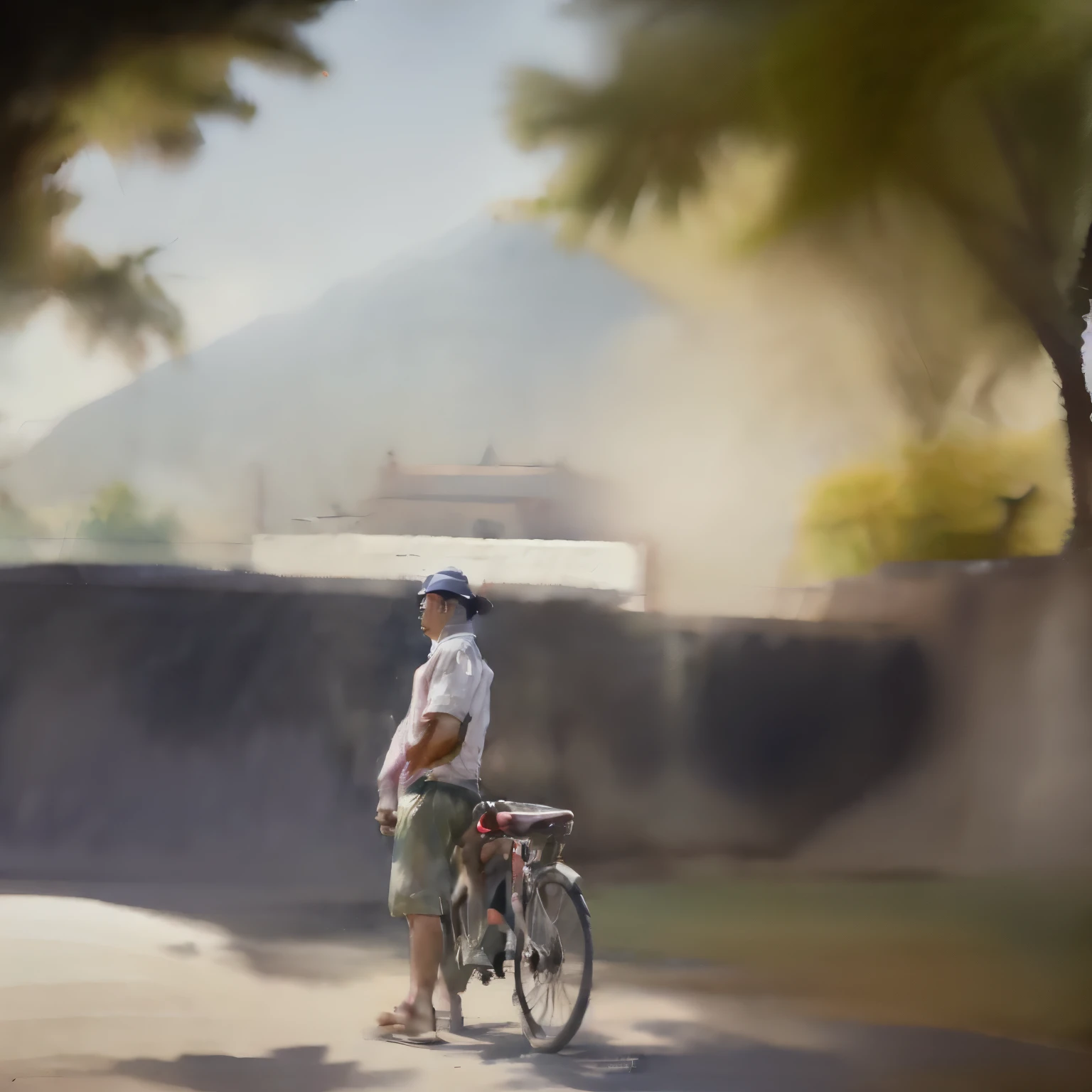 Depict javanese man in his early 60s, clean-shaven with no facial hair, wearing bicycle helmet, wearing red-and-white bicycle jersey, he is standing next to bla k mountain bicycle. In the background is city park with banyan tree and fish pond with water fountain, in the style of water color