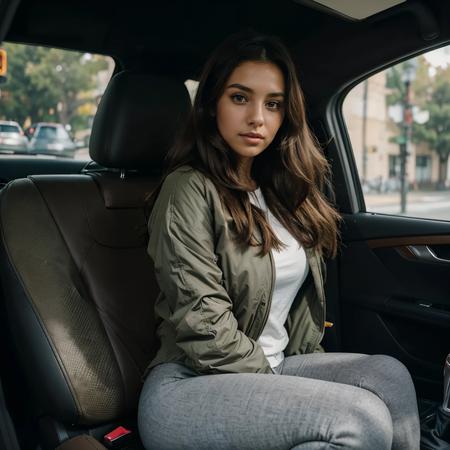 beautiful brunette girl, sitting in a car, passenger seat, not driving, 28 years old, olive skin, Maia Adriana, (brown puffy jacket), grey/brown tight leggings, alluring, sexy, portraits, vivid colors, soft lighting, warm tones, (clothed), hidden hands.