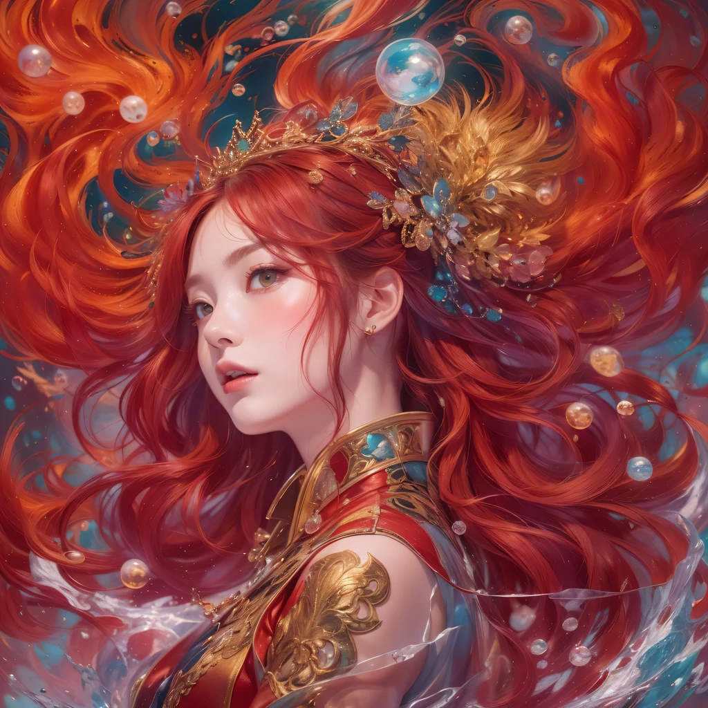 An ink painting: A
beautiful woman in red garment, a rosy goldfish looms in the pink and white clouds.