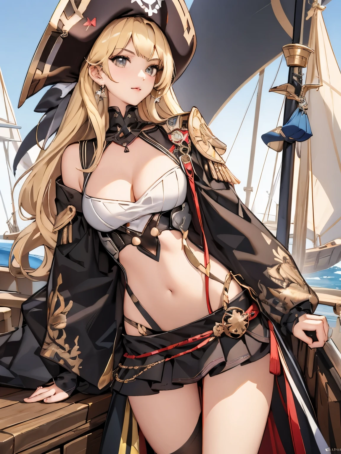 Anime girl in pirate costume standing on ship with sword, pirate queen, from《azur lane》Electronic games, seductive anime girl, 《azur lane》role in, Beautiful charming anime woman, azure lane style, kushat krentz critical art women, Detailed digital animation art, Guweiz on ArtStation Pixiv, Hot topic blonde beauty on artstation pixiv