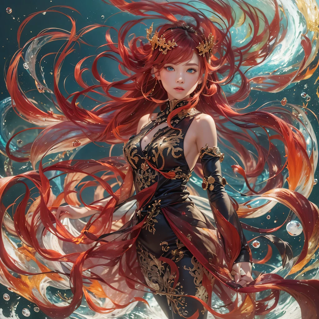 A woman with long red hair and a tiable standing in the water - SeaArt AI