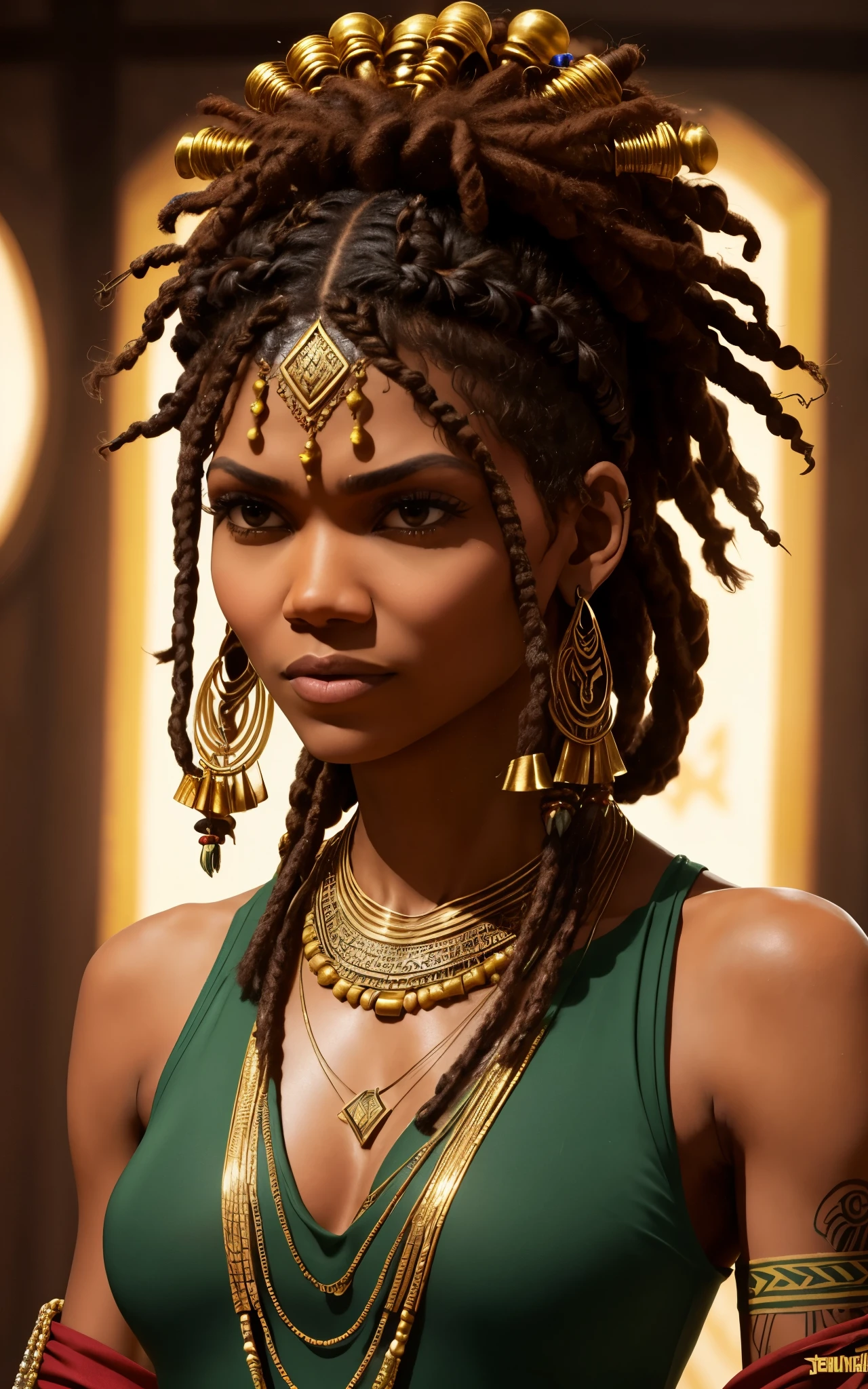 
(Zendaya:Halle Berry) dressed like a nigerian chaman, red green and yellow sleeveless tunic, (high top fade haircut and dreads) tribal tattoo in the face, (golden rings necklace), Lovecraft atmosphere, masterpiece, hyperdetailed