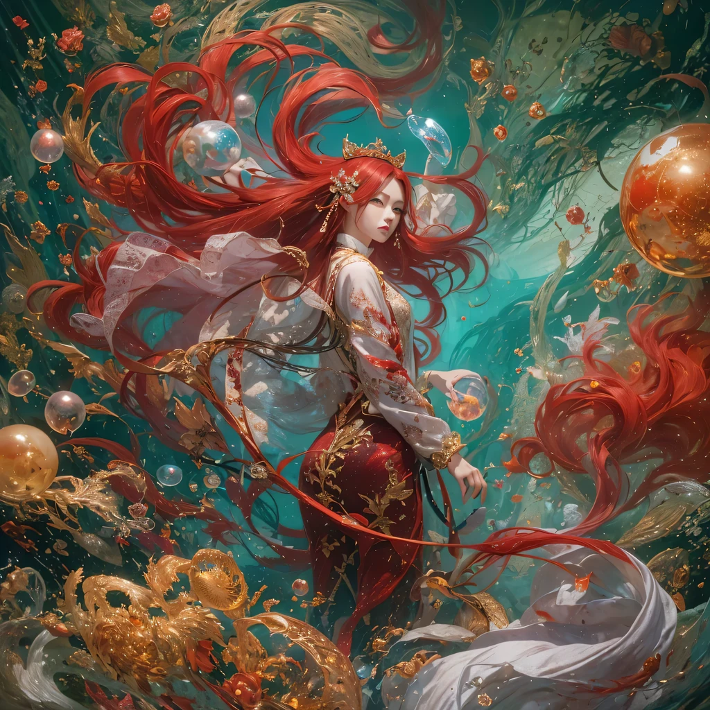 Poached egg series,red,enamel,agate,A flesh-colored world,Blood Blue Maiden 32k(masterpiece,HD,Aoyama Pond,Ultra high quality,32k)飘逸的亮red长发,blood pool,Ziddink, a color,Grumpy (After greeting), (Linen scarf), fighting stance, looking at the ground, Long red hair, Floating bright blue, Fire cloud gold headdress, 中国长袖金丝酒red服装, (Abstract metaverse splash:1.2), White background,Peony flower vitality protector(realistically:1.4),bright purple hair,Smoke on the road,The background is very pure, high resolution, detail, RAW photos, Sharp Re, Nikon D850 film photo by Jefferies Lee 4 Kodak Portra 400 camera F1.6 guns, colorful, Ultra-realistic and vivid textures, dramatic lighting, Unreal Engine Art Station Trend, Sinest 800,一个有着长长的飘逸亮red头发的女孩,huge colorful bubbles