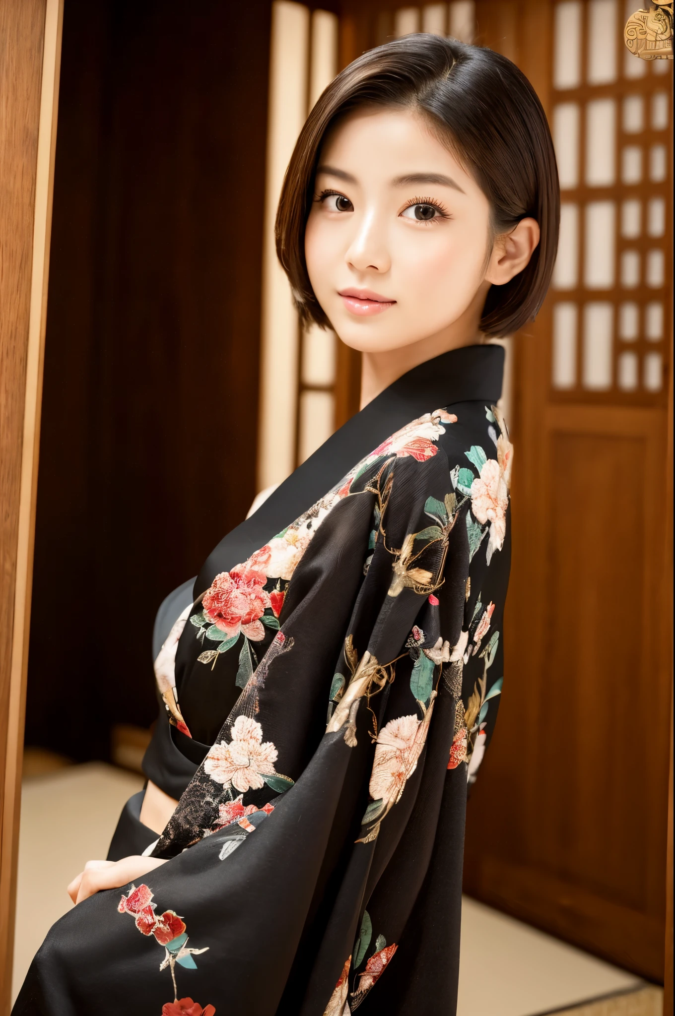 Best-quality, Masterpiece, Ultra-High-Resolution, (Photorealistic:1.4), Raw-Photo, Extremely-Details, Perfect-Anatomy, 1girl, 18-years-old, the most famous Japanese actress, cowboy-shot, upturned hip, looking at viewer, in Japanese-style room, wearing luxurious KIMONO, detailed extremely cute face like a most popular Japanese actress, detailed extremely beautiful big black solid circle eyes, detailed extremely beautiful black short-cut-haired, detailed luxurious KIMONO, detailed Japanese-style room, detailed extremely beautiful realistic skins
