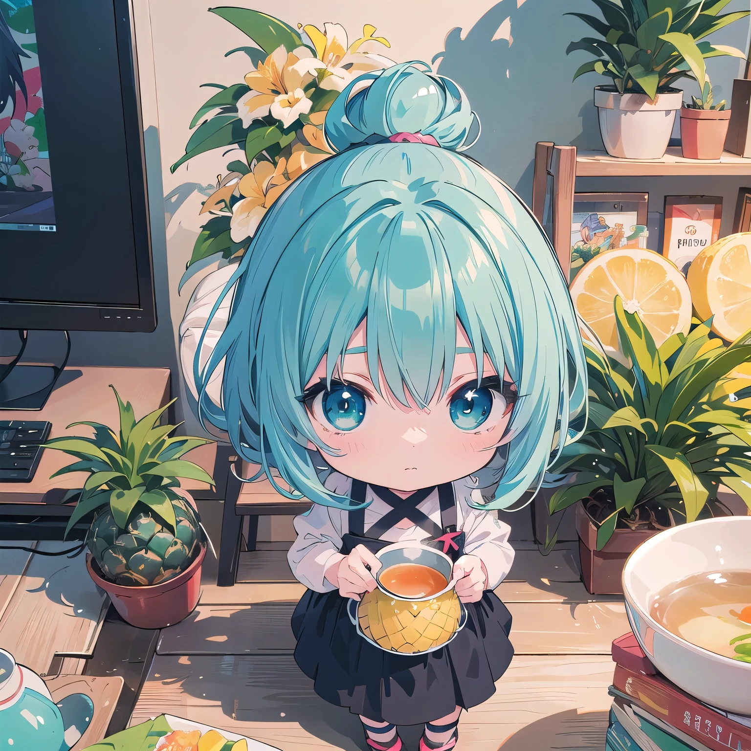 Expressionless chibi , Advanced digital chibi art,pineapple, light blue chignon hair,short hair, Anime character holding a pineapple and making tea, anime style 4 k, anime style. 8K,anime moe art style, teal hair anime girl, 4K anime, cute girl anime visual,Trending with Art Station Pixiv, pixiv digital art,