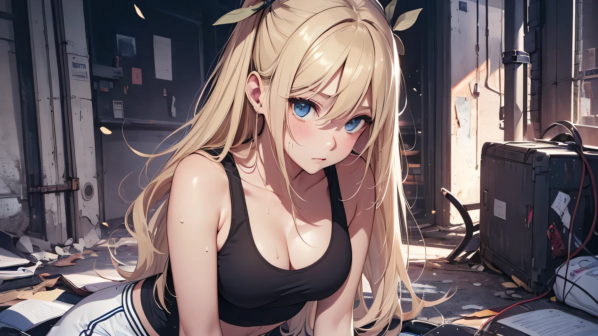 最high quality、best image quality、masterpiece、age girl((20-year-old、 By becoming、vest bust、medium bust,wide open breast tea、black eye, blonde hair、long hair、thin,highest valley、blue sports bra、Blue sports pants、Do push-ups、sweating、scattering of sweat)),high quality、beautiful art、background((black room))debris flies、Depth of written boundary、movie、visual art、perfect art、8k,genuine、erotic