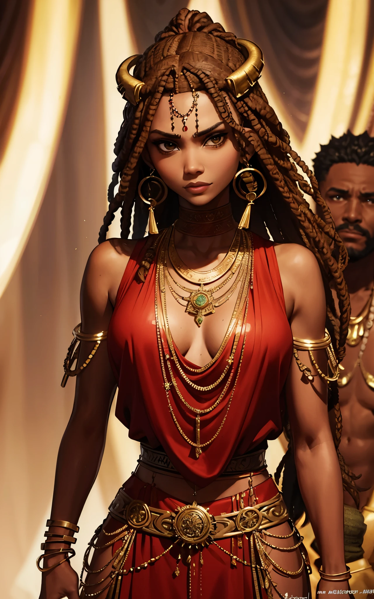 (Zendaya:Halle Berry) dressed like a nigerian chaman, red green and yellow sleeveless tunic, (high top fade haircut and dreads) tribal tattoo in the face, (golden rings necklace), Lovecraft atmosphere, masterpiece, hyperdetailed