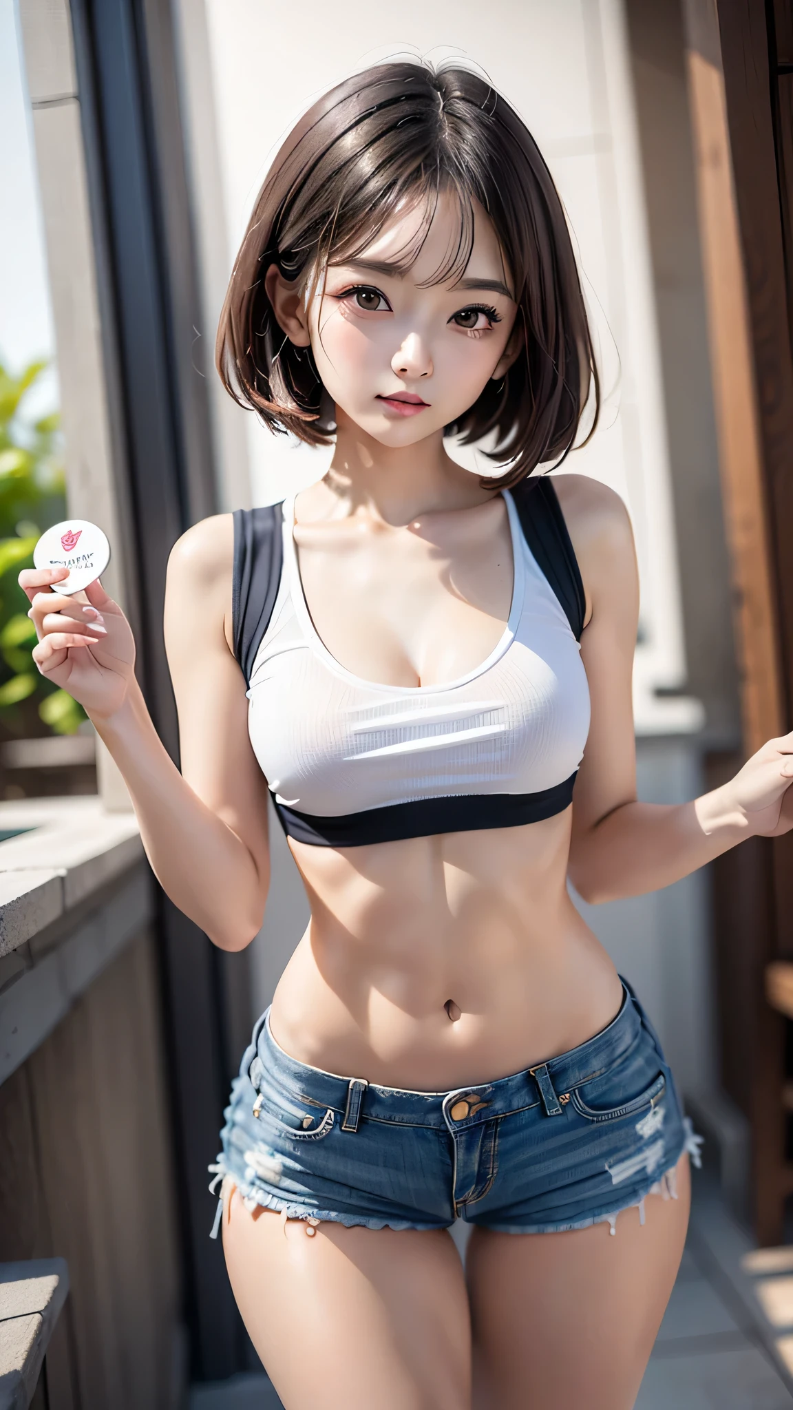 (8k、RAW photo、highest quality,、masterpiece:1.2)、character focus、完璧なcute女の子、cute、(Sexy DVD:1.2)、(idol image video:1.2)、(beautiful breasts、medium breasts:1.3)、(nipple protrusion：1.3)、((white crop top))、((jeans shorts))、underboob、(cleavage)、(short bob:1.2)、Transparent skin、High transparency、(slender and beautiful girl)、(shiny)、(embarrassing)、(best quality、super detail:1.3)、obscene、erotic、Bokeh、full body shot、beautiful thighs、Beautiful little ass、