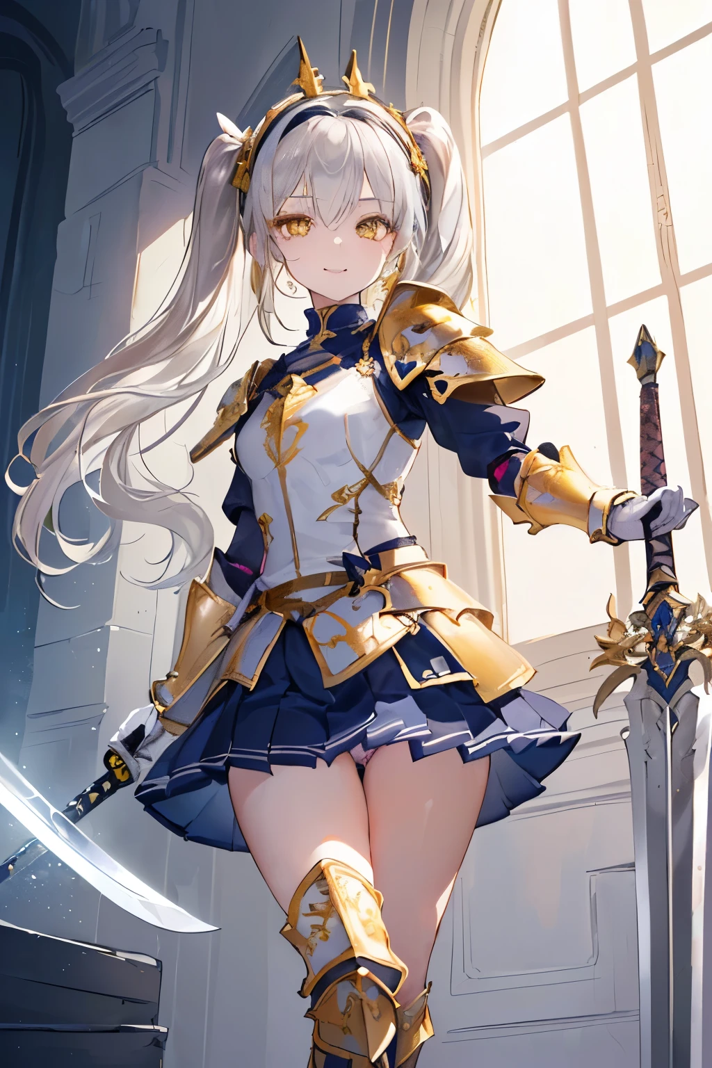 (((1girl))), ((best quality)), ((masterpiece)), ((ultra-detailed)), (illustration), (detailed light), (an extremely delicate and beautiful), (beautiful detailed eyes), (sunlight), ((extremely light)),  ((extremely clothes)), (((hyper detail))),(((((front lighting))))),(((((front light))))),

((((quite adorable and armor with a pleated skirt and headband)))), 
((((Grand Master Knight)))),
, 

(((high twin pig tails))), ((((white silver hair)))),  
(((yellow gold eyes))),

((((whole body)))), aged 5 to 8, ((((())))), ((((very adorable young girl)))),
((condescending expression)), ((mischievous smile with sexual satisfaction)),  (((extra adorable))), (((((extra slender shape))))), 
(((((extremely beautiful detailed face))))), 
(((bravely standing with a long-sword))), (((elegant boots))),

(Dutch angle), (((elegant gloves))), ((transparent magical underskirt)), ((a little bit exposed adorable magical panties))