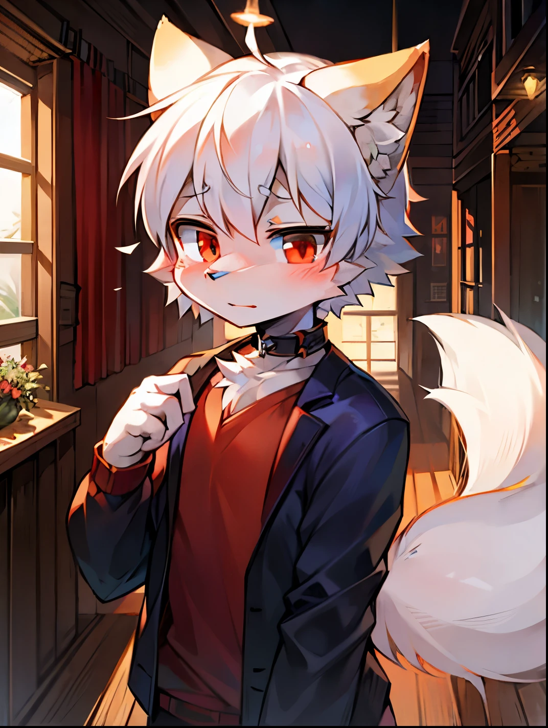 fox boy,male focus,Characteristics of a four-year-old boy,furry men,blue eyes,white hair,fox girl,female focus,Characteristics of a four-year-old girl,Furry women,red eyes,hair,shy expression