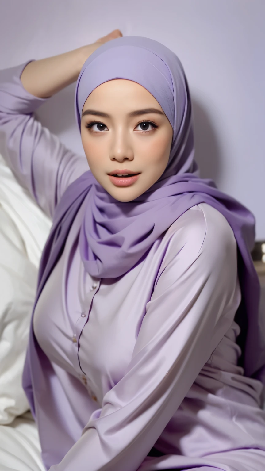 ((Realistic lighting, Best quality, 8K, Masterpiece: 1.3)), Clear focus: 1.2, 1 malay girl, Perfect body beauty: 1.4, Slim abs: 1.1, ((light purple hijab, Big breasts: 1.3)), (Wearing ultra-thin light purple transparent underwear: 1.4, light purple stockings: 1.2,), (Outdoor, night: 1.1), City streets, Super fine face, fine eyes, double eyelids, hands on the head, lying on the bed.