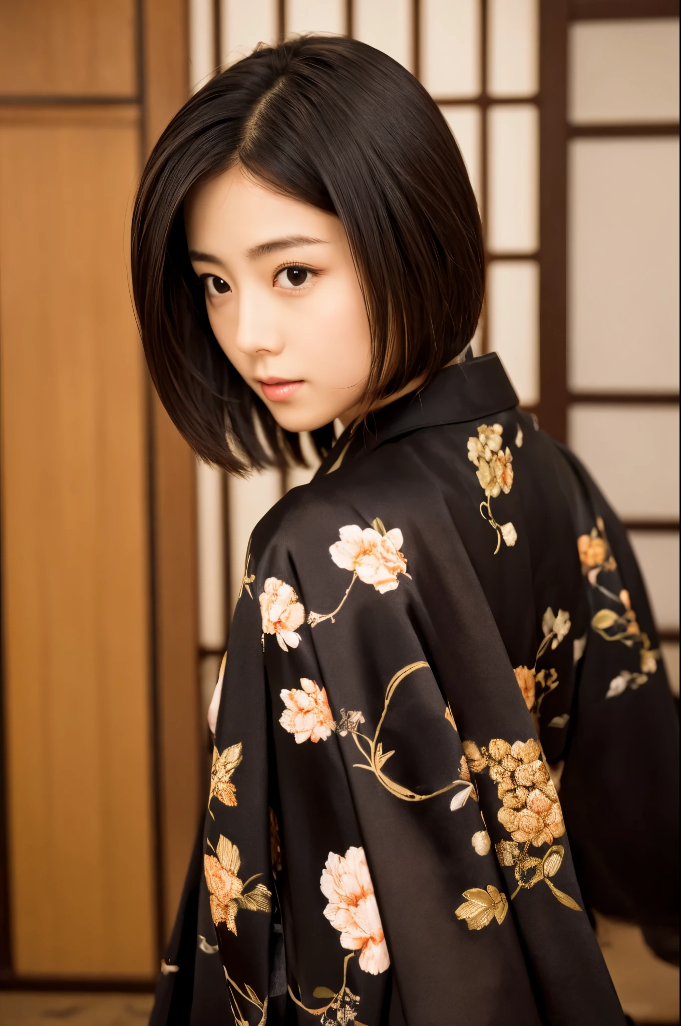Best-quality, Masterpiece, Ultra-High-Resolution, (Photorealistic:1.4), Raw-Photo, Extremely-Details, Perfect-Anatomy, 1girl, 18-years-old, the most famous Japanese actress, cowboy-shot, upturned hip, looking at viewer, in Japanese-style room, wearing luxurious KIMONO, detailed extremely cute face like a most popular Japanese actress, detailed extremely beautiful big black solid circle eyes, detailed extremely beautiful black short-cut-haired, detailed luxurious KIMONO, detailed Japanese-style room, detailed extremely beautiful realistic skins