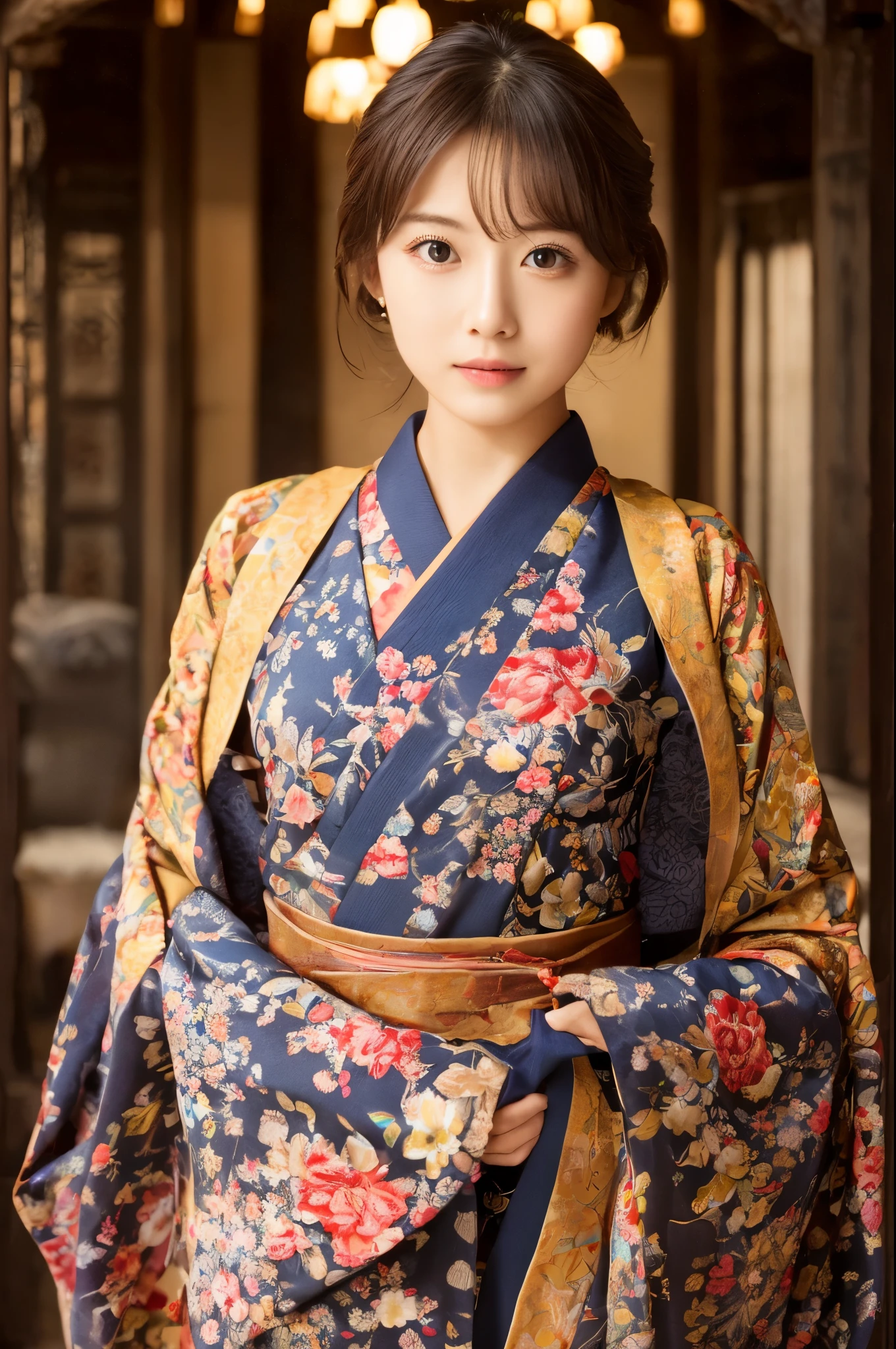 Best-quality, Masterpiece, Ultra-High-Resolution, (Photorealistic:1.4), Raw-Photo, Extremely-Details, Perfect-Anatomy, 1girl, 18-years-old, the most famous Japanese actress, cowboy-shot, upturned hip, looking at viewer, in Japanese-style room, wearing luxurious KIMONO, detailed extremely cute face like a most popular Japanese actress, detailed extremely beautiful big black solid circle eyes, detailed extremely beautiful black short-cut-haired, detailed luxurious KIMONO, detailed Japanese-style room, detailed extremely beautiful realistic skins