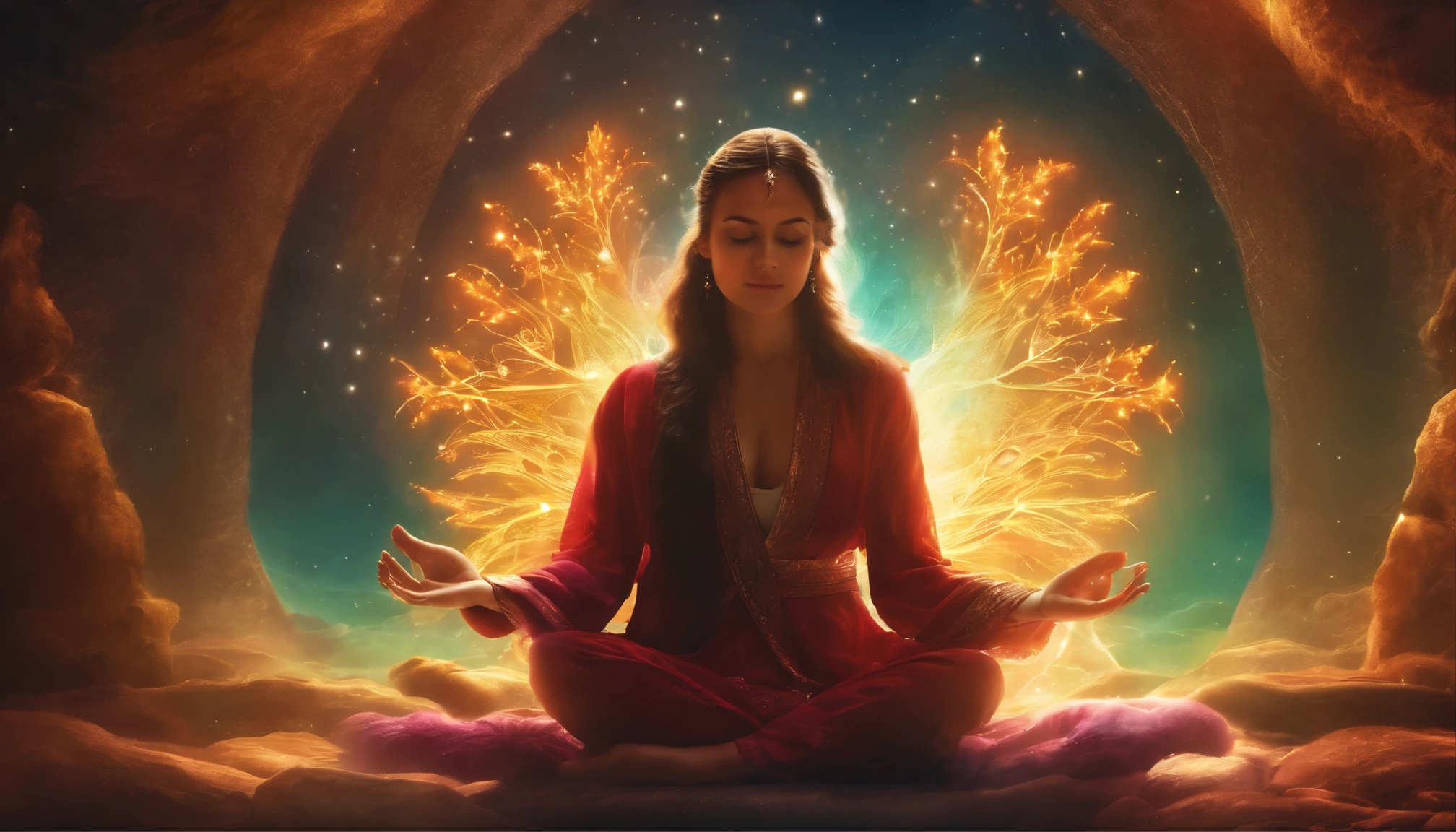 preschool ,Meditate cross-legged, In the center,Very bright colors, light particles, with shining light, Mshiv, wallpaper art, UHD wallpaper