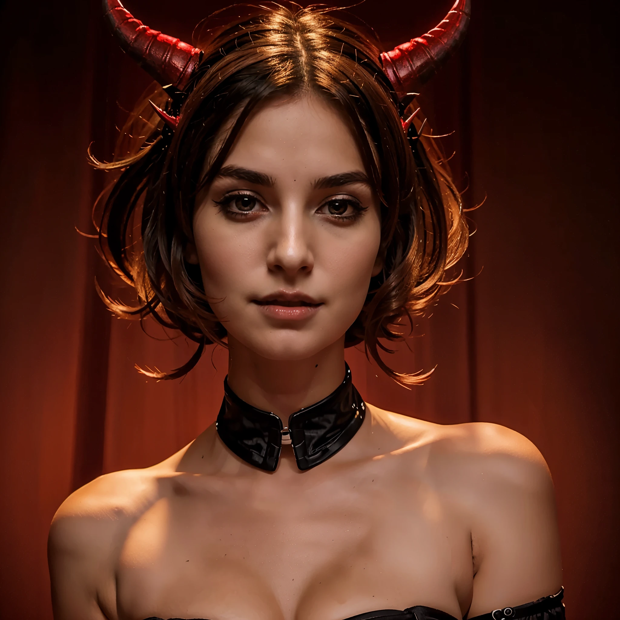 there is a woman with horns and a choke on her neck, portrait of demon girl, succubus in sundress portrait, beautiful succubus, portrait of evil girl, portrait of a female demon, very sexy devil outfit, succubus, demon girl, horns and red eyes, beautiful elegant demon queen, succubus | medieval, with horns, diablo 4 lilith