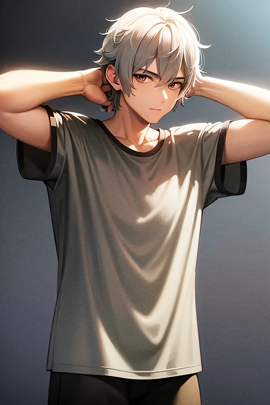 leisurely, Herbivore man wearing a T-shirt, Looks untidy with white hair, With both arms hanging straight next to the body, Facing the viewer.