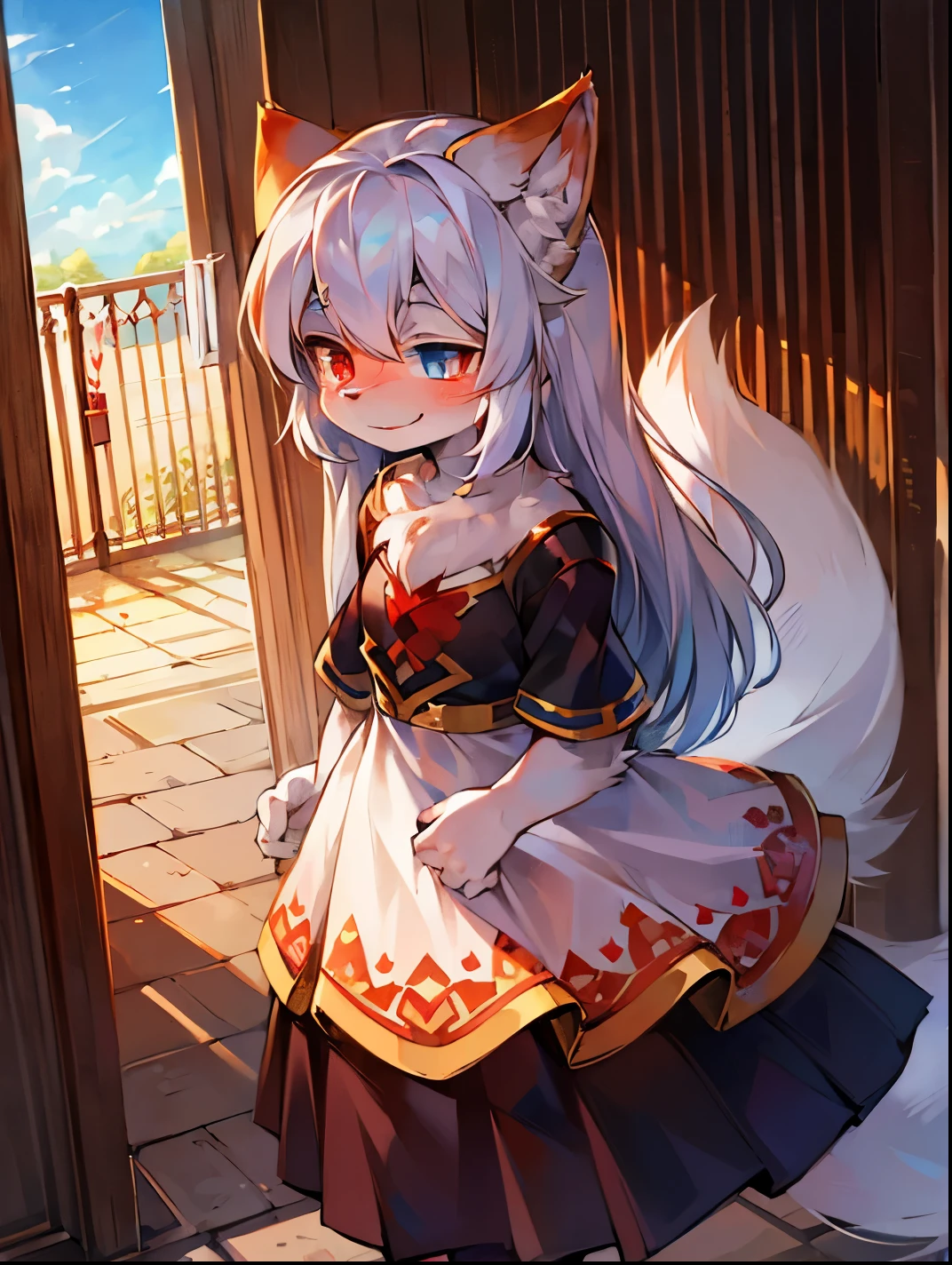 fox boy，male focus，Characteristics of a -year boy，ry men，blue eyes，white hair，fox girl，female focus，Characteristics of a four-year-oirl，F womeed eyes，hair，shy happy expression，Smile