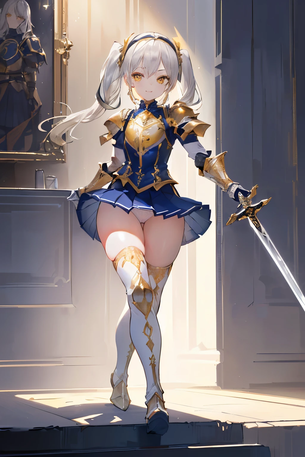 (((1girl))), ((best quality)), ((masterpiece)), ((ultra-detailed)), (illustration), (detailed light), (an extremely delicate and beautiful), (beautiful detailed eyes), (sunlight), ((extremely light)), ((extremely clothes)), (((hyper detail))),(((((front lighting))))),(((((front light))))),
((((quite adorable and armor with a pleated skirt and headband)))),
((((Grand Master Knight)))),
,
(((high twin pig tails))), ((((white silver hair)))),
(((yellow gold eyes))),
((((whole body)))), aged 5 to 8, ((((())))), ((((very adorable young girl)))),
((condescending expression)), ((mischievous smile with sexual satisfaction)), (((extra adorable))), (((((extra slender shape))))),
(((((extremely beautiful detailed face))))),
(((bravely standing with a long-sword))), (((elegant boots))),
(Dutch angle), (((elegant gloves))), ((transparent magical underskirt)), ((a little bit exposed adorable magical panties))