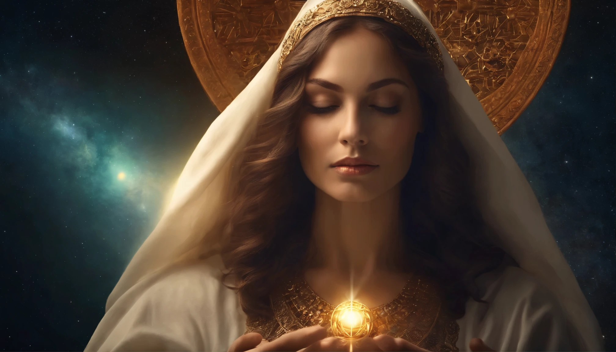 Mysterious female Eucharist in the middle of the universe, deep meditation, ethereal atmosphere, Auric