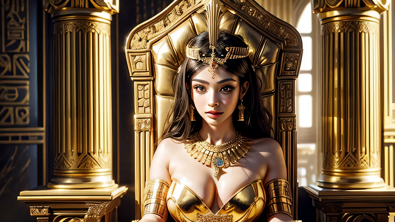 beautiful detailed eyes, detailed makeup, confident expression, Ancient Egypt, gold jewelry, regal pose, ancient hieroglyphics, sculpted pillars, throne,Cleopatra, big tits, golden throne, golden room, warm light, Egyptian dresses, black hair, brown skin, eyelashes, necklaces, 