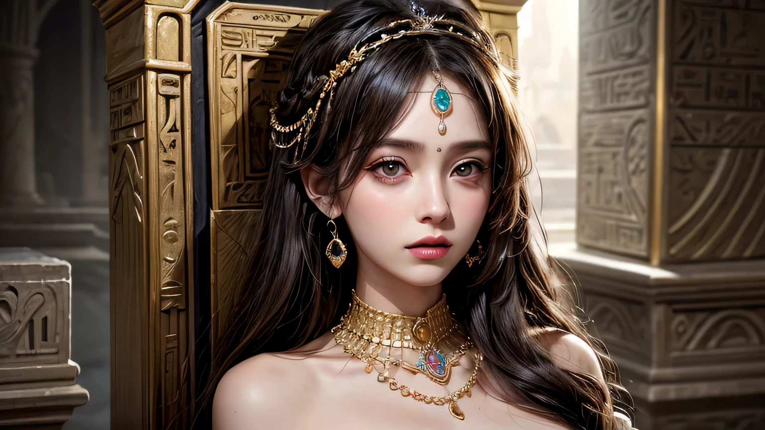beautiful detailed eyes, detailed makeup, confident expression, Ancient Egypt, gold jewelry, regal pose, ancient hieroglyphics, sculpted pillars, throne,Cleopatra, big tits, golden throne, golden room, warm light, Egyptian dresses, black hair, brown skin, eyelashes, necklaces,