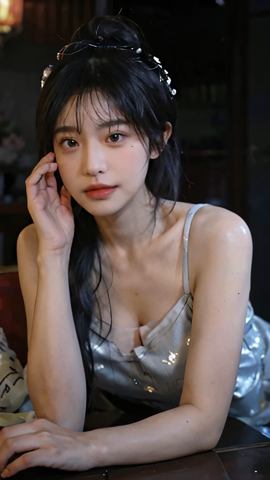 best quality， ultra high resolution， （realistically：1.4）， a girl， A pair of clear and charming peach blossom eyes,Royal sister，a sense of atmosphere，（faded gray hair：1）， （Big cleavage：1.3）， long legs，full-body shot，looking at the audience， Close-up cleavage ，