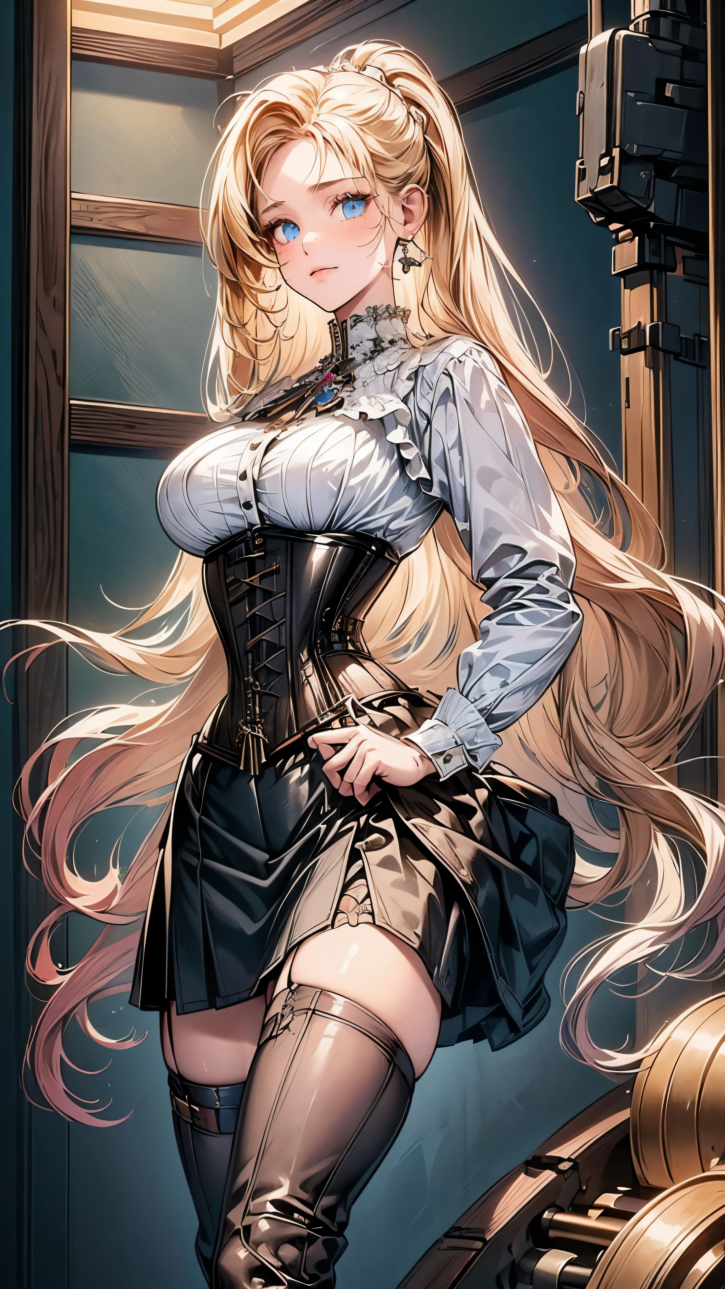 (((masterpiece)))、((highest quality))、(Super detailed)、(CG illustration)、(so beautiful ))、cinematic light、(((1 Mechanical Girl)))、 SF、Apocalypse、erotic grotesque、(beautiful and luxurious:1.2)、(1 girl:1.3)、facing the front, (double breasted,under bust:1.2), gap between buttons,(((corset belt))),(((high waist mini skirt,)))