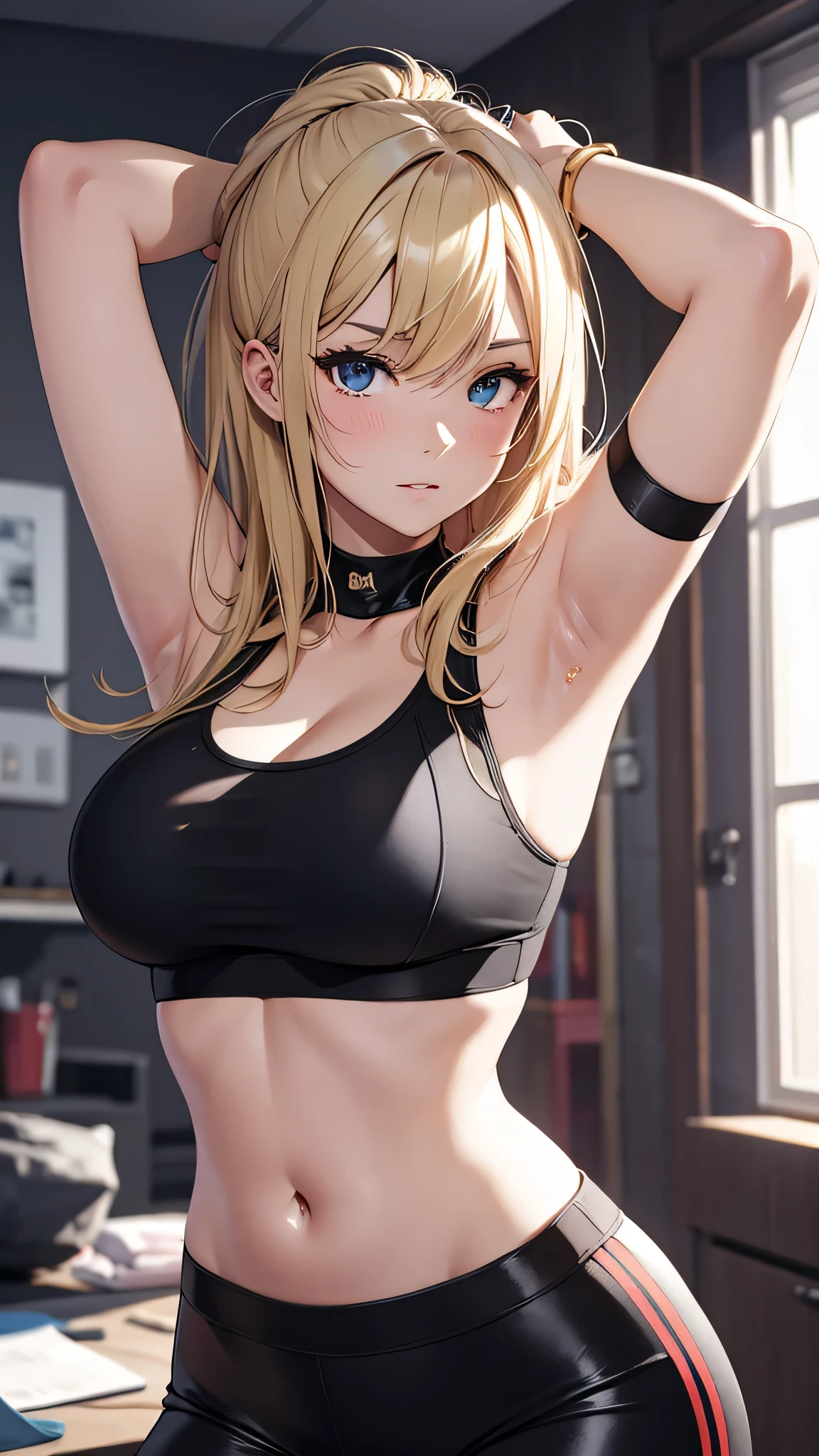最high quality、best image quality、masterpiece、age girl((20-year-old、 By becoming、vest bust、medium bust,wide open breast tea、black eye, blonde hair、long hair、thin,highest valley、blue sports bra、Blue sports pants、stretch、sweating、scattering of sweat)),high quality、beautiful art、background((black room))debris flies、Depth of written boundary、movie、visual art、perfect art、8k,genuine、erotic
